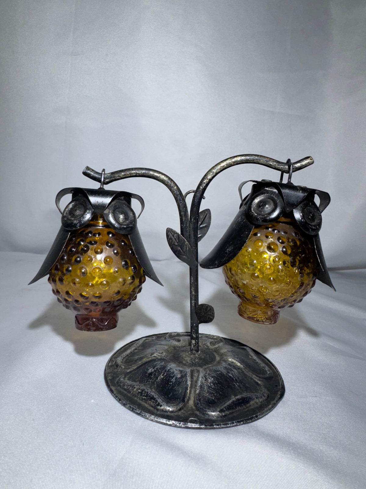 Vintage 1970s Amber Hobnail Glass Owl Salt & Pepper Shakers w/ Metal Tree Stand
