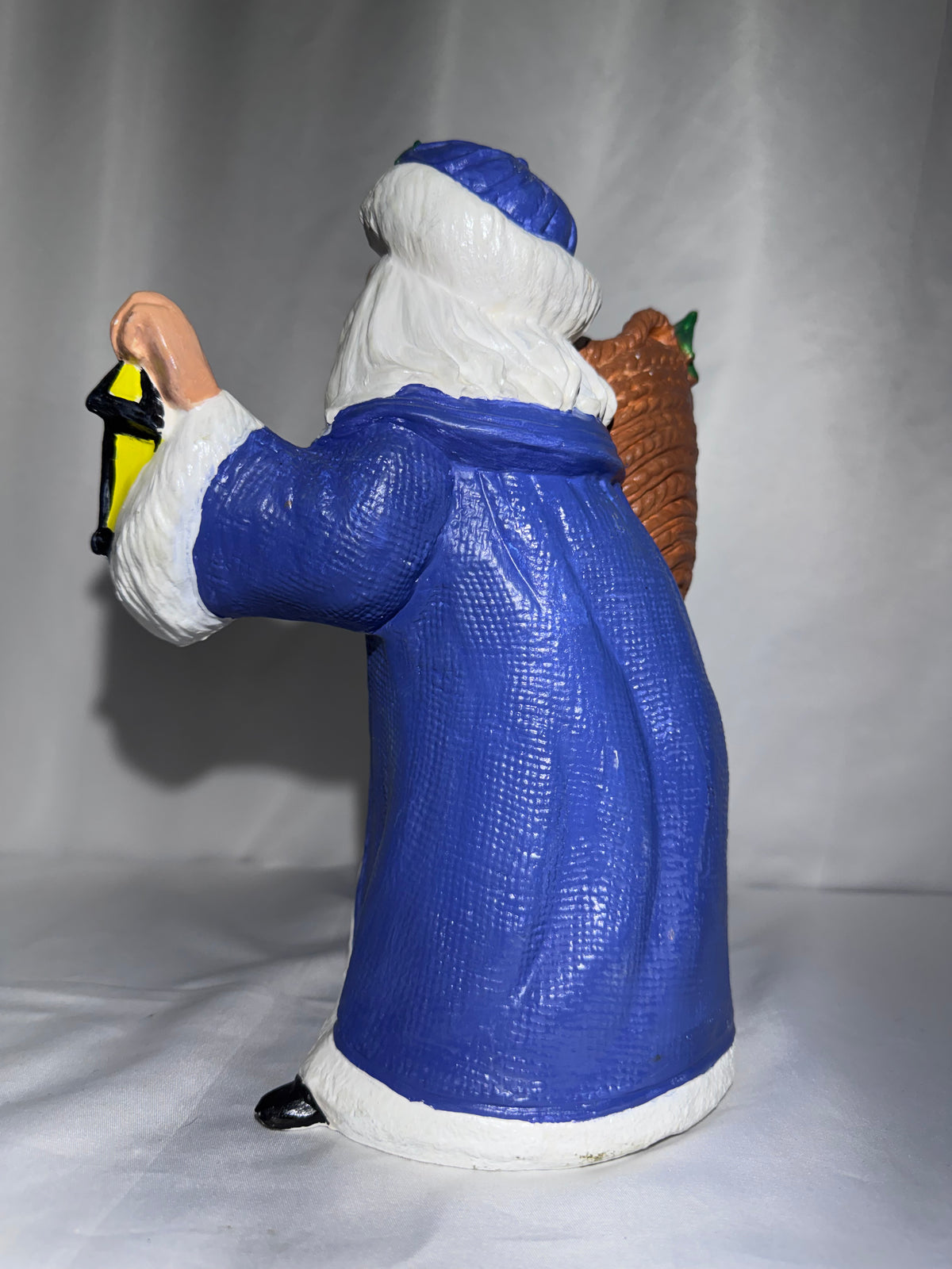 Old World Santa Claus Figurine 10.5” Hand Painted Ceramic Blue White Robe Lantern