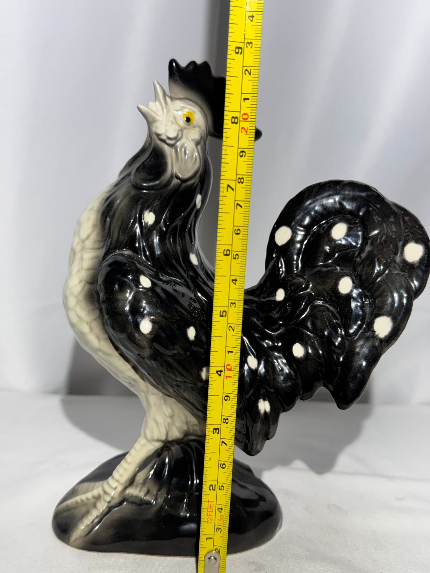 Black & White Polka Dot Rooster Ceramic Figurine – 9.5” Tall