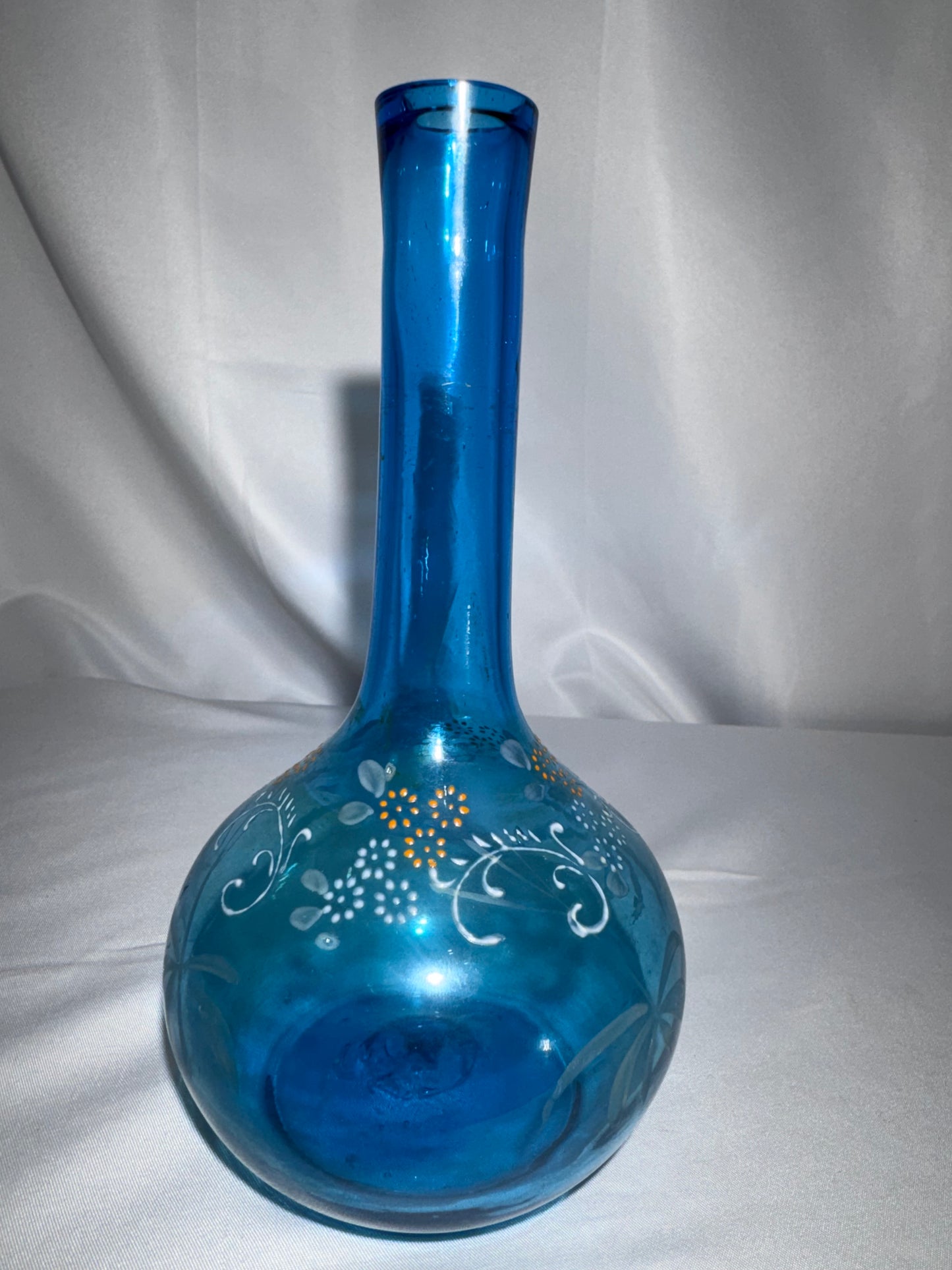 Antique Victorian Hand-Blown Blue Glass Barber Bottle – Hand-Painted Floral Enamel