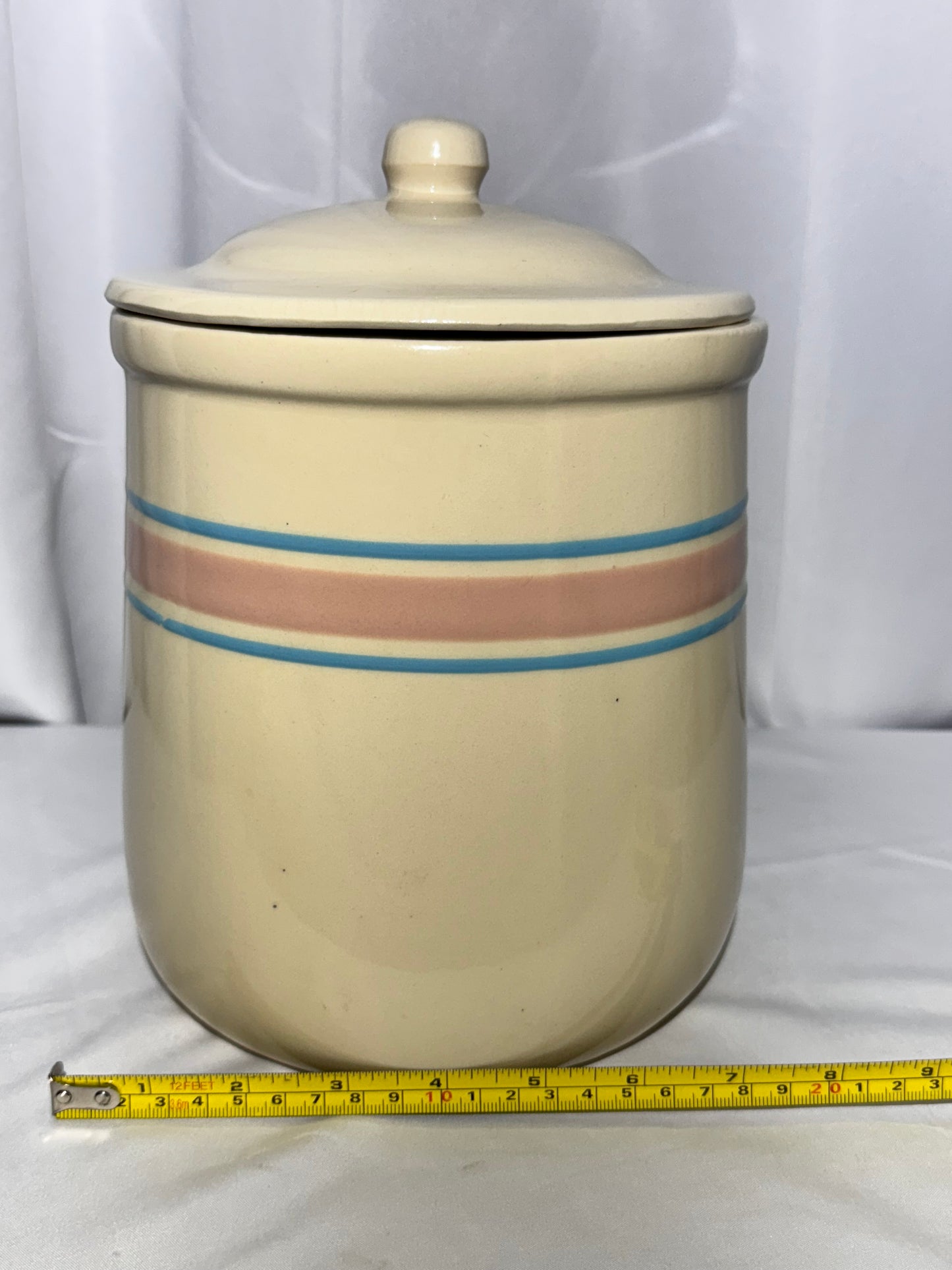 Vintage McCoy Pottery Stonecraft Kitchen Hamper Canister – #133 – Pink & Blue Stripes – USA