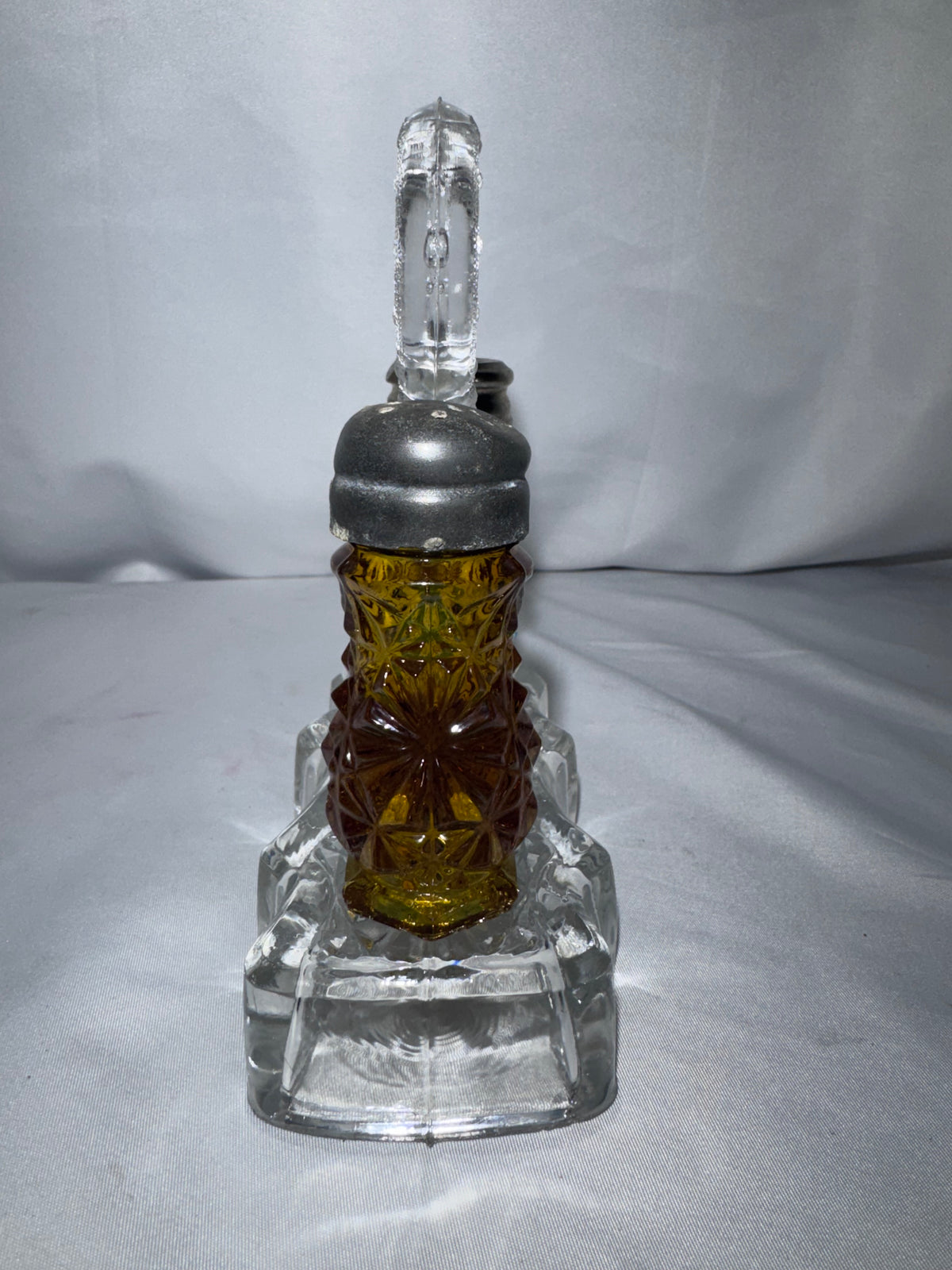 Antique EAPG Daisy & Button Slender Salt & Pepper Shaker Set w/ Glass Caddy – Circa 1884