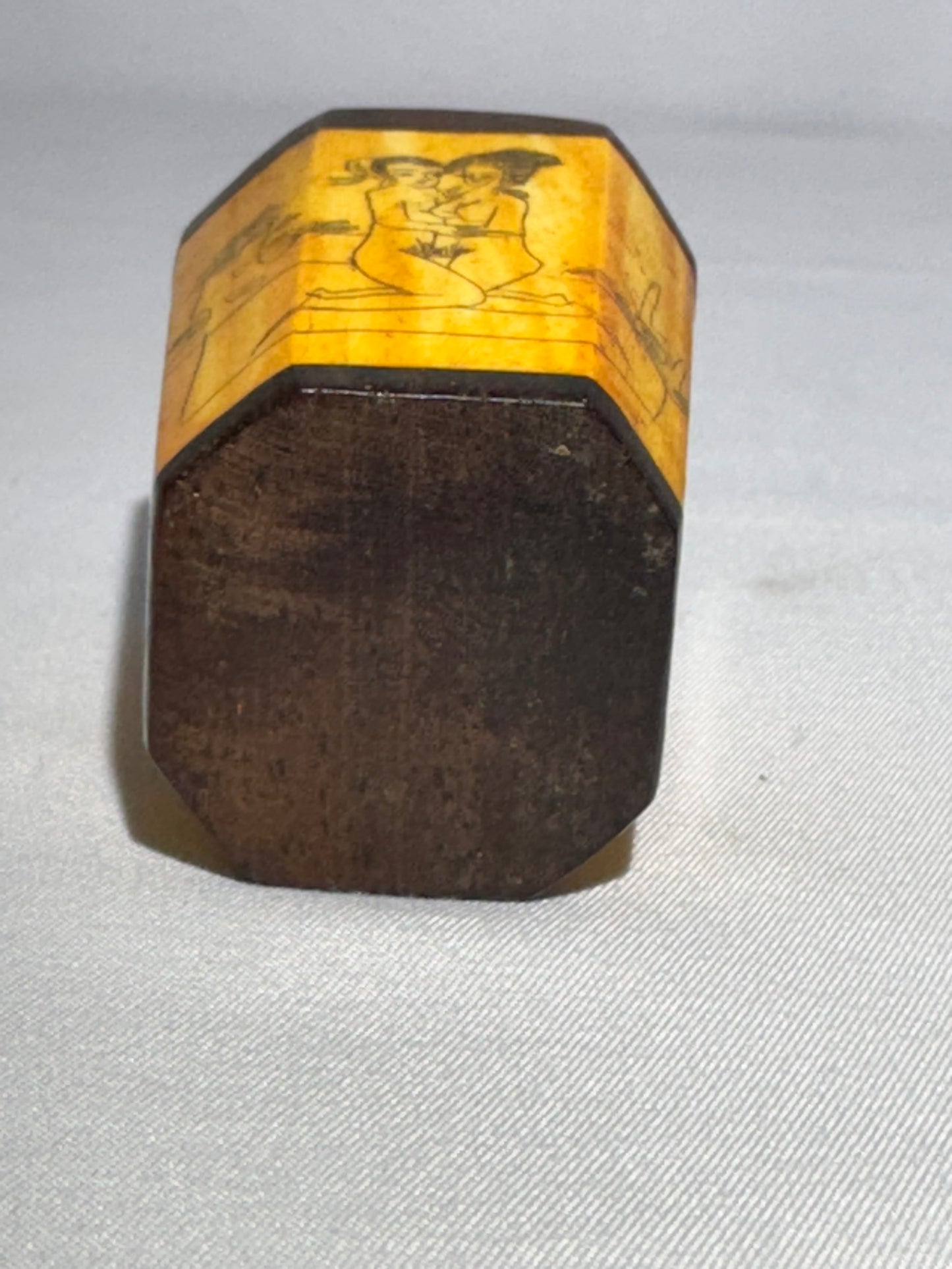 Antique Chinese Bovine Bone & Wood Snuff Bottle – Eight-Sided Hand-Painted Scrimshaw Erotic Scene