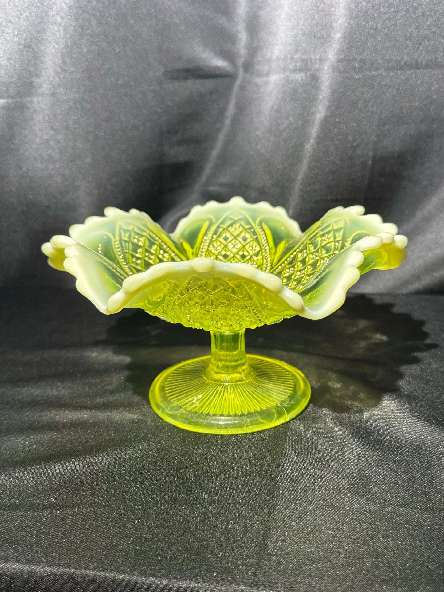 Victorian Davidson Uranium Glass Compote Bowl Queen’s Crown Primrose Pearline Opalescent Rim
