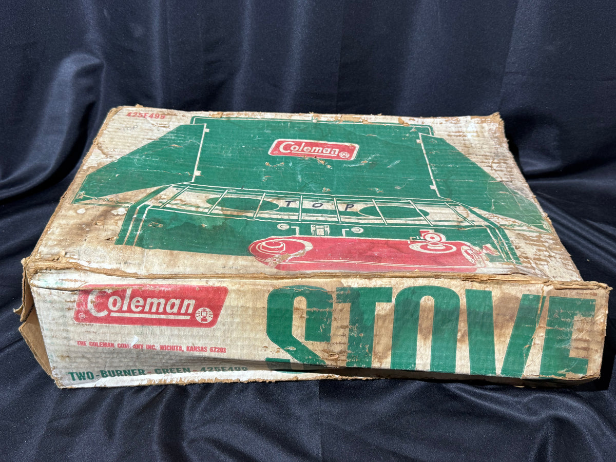 Vintage 1974 Coleman 425E499 Two-Burner Liquid Fuel Camp Stove with Original Box