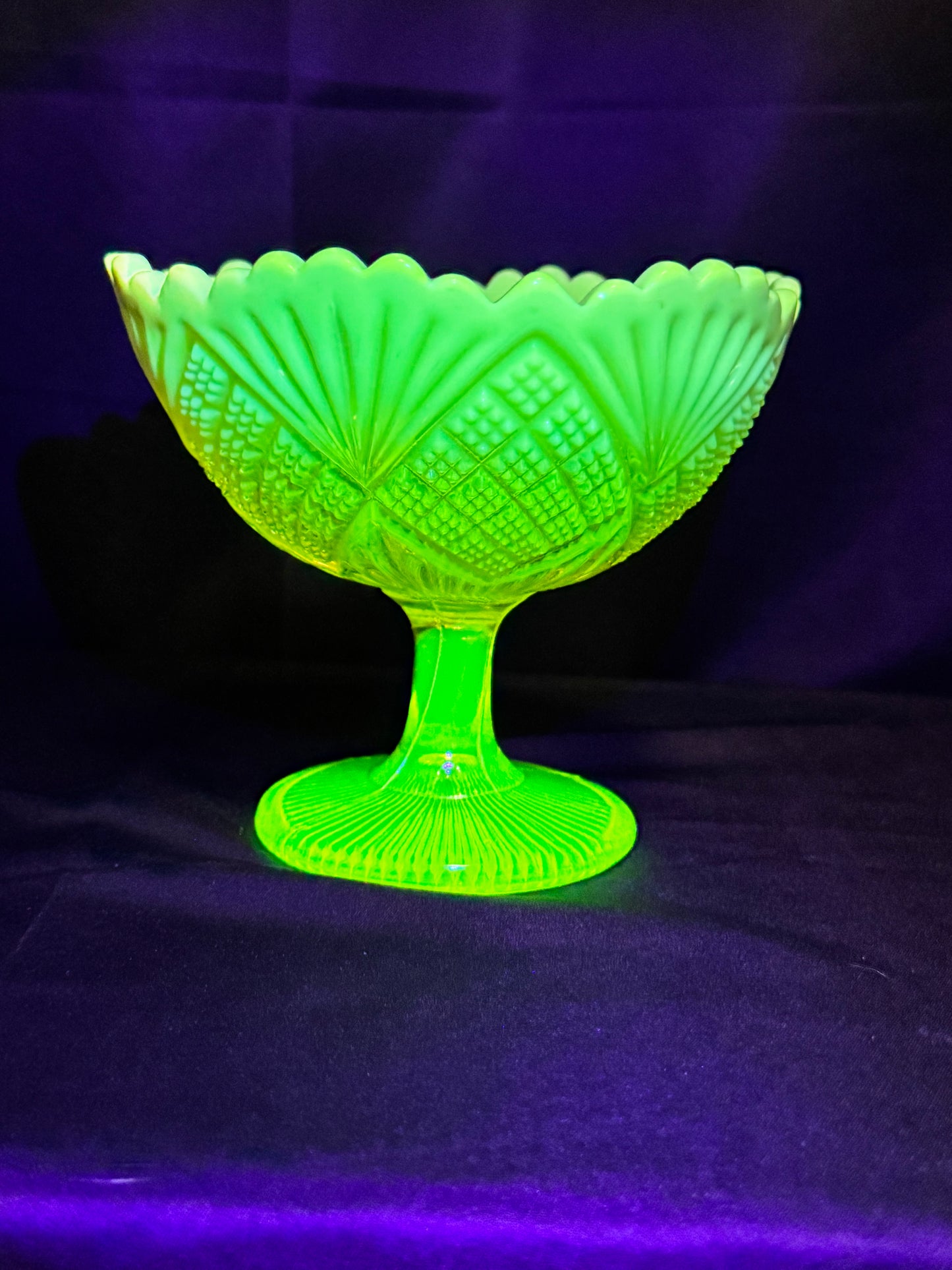 Victorian Uranium Glass Davidson Primrose Pearline Footed Compote – RN 285342