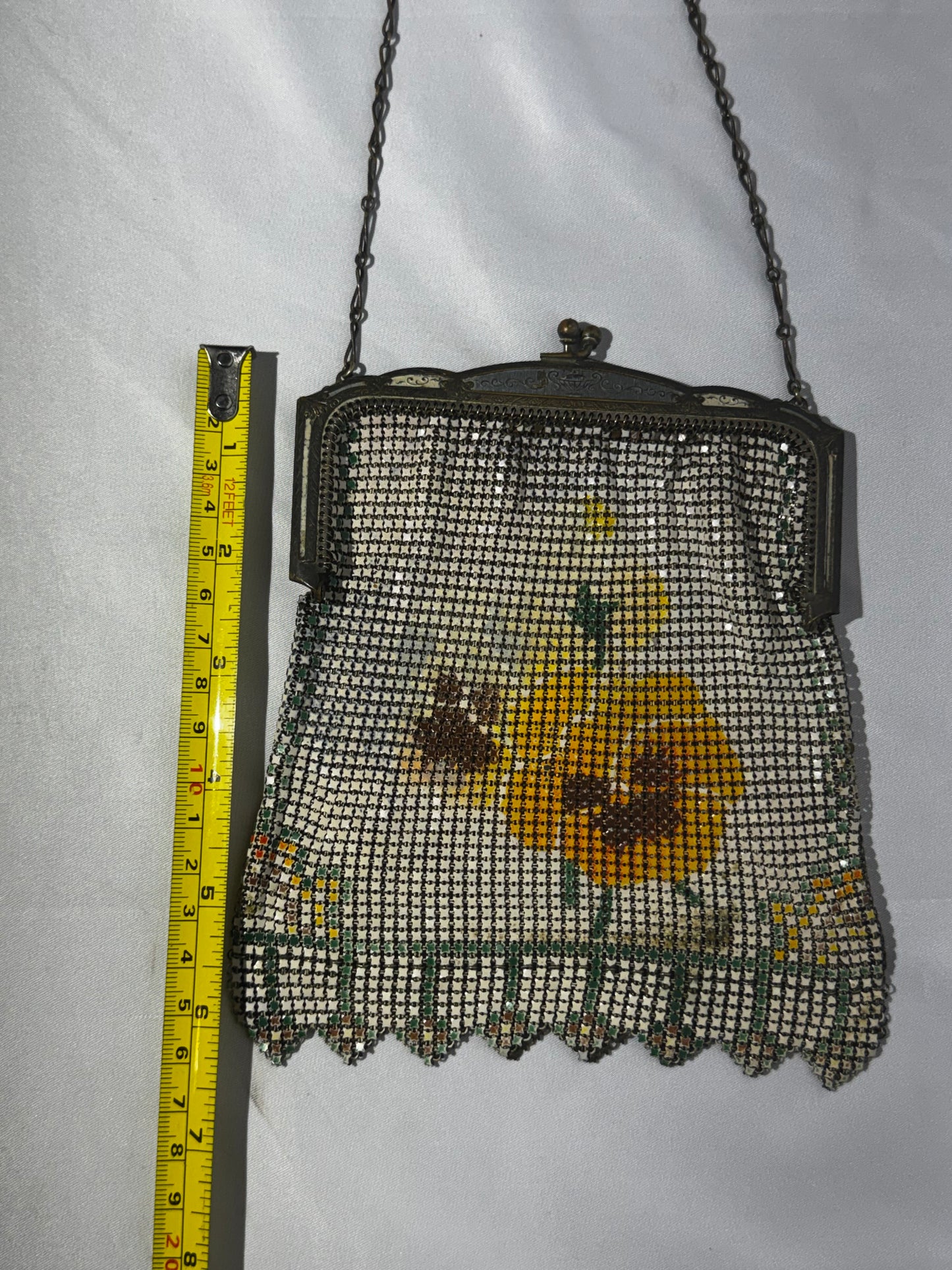 Vintage Whiting & Davis Art Deco Enameled Mesh Purse Sunflower Design 1920s Chain Handle