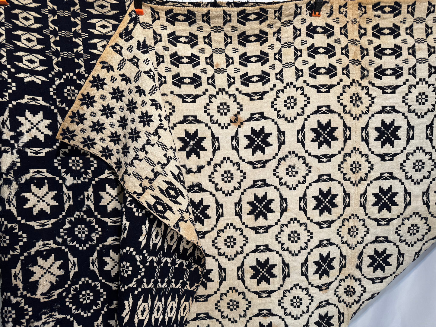 Early 1800s Handwoven Reversible Coverlet – Indigo & Cream – “Elizabeth KEELER” Signed Textile