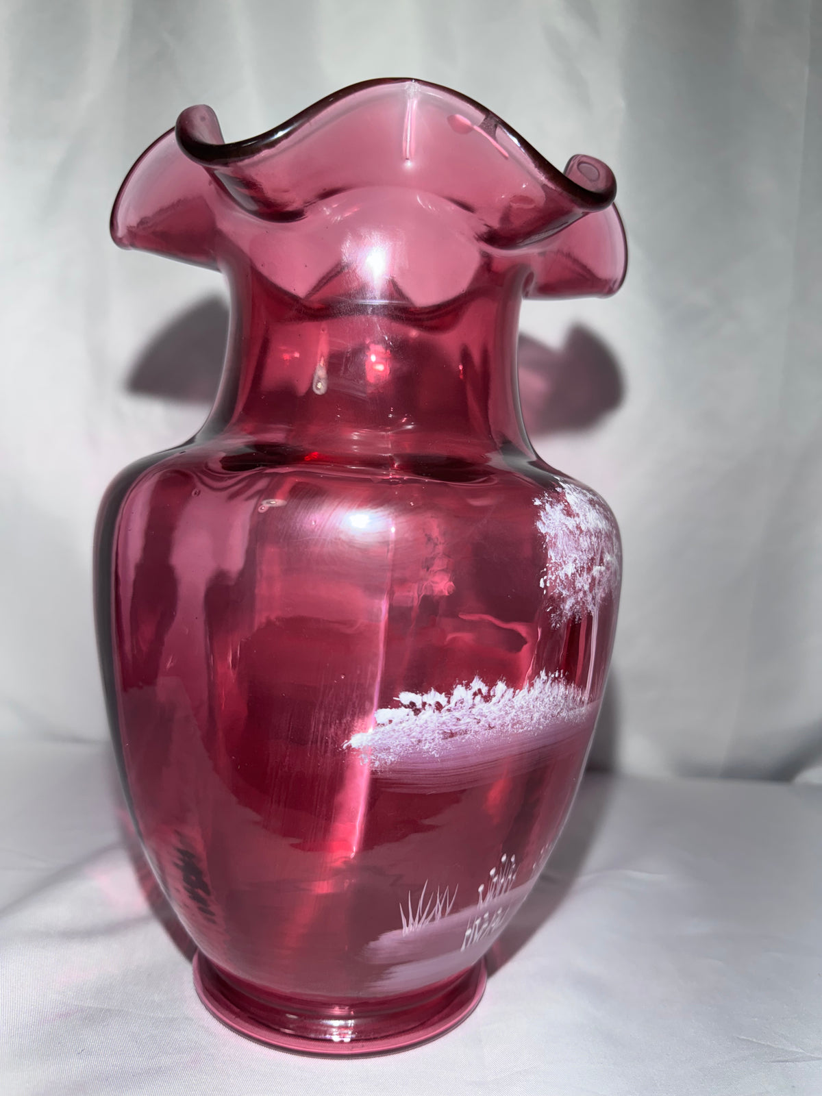 Fenton Cranberry Glass Mary Gregory-Style Hand-Painted Tea Party Ruffled Rim 10” Vase – Limited Edition #1783/2350