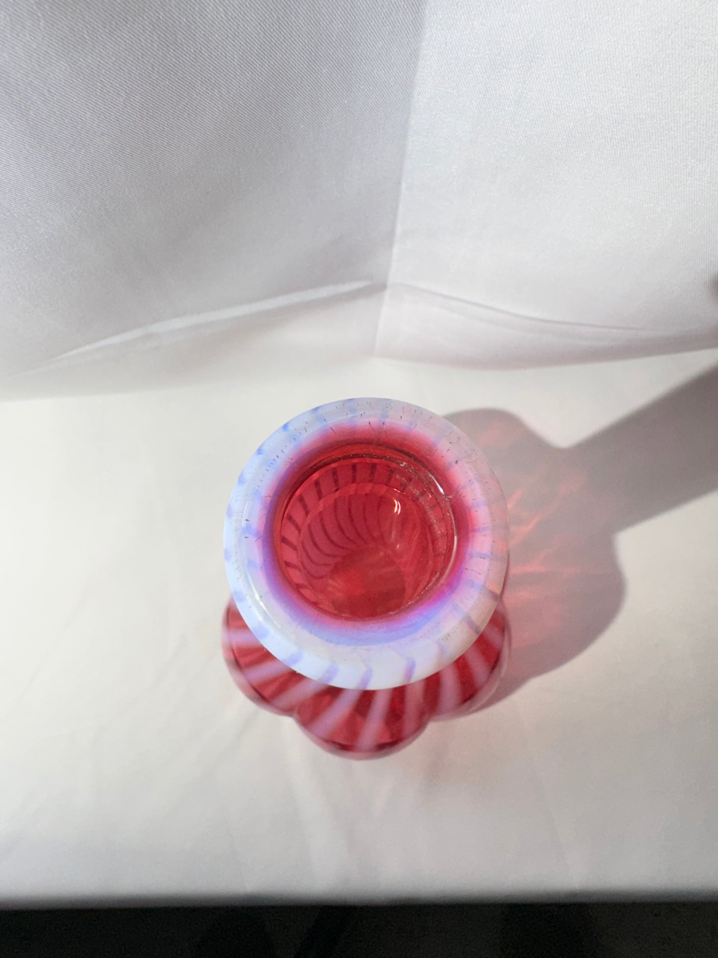 Cranberry Opalescent Barber Bottle – Melon Base Spiral Optic Glass