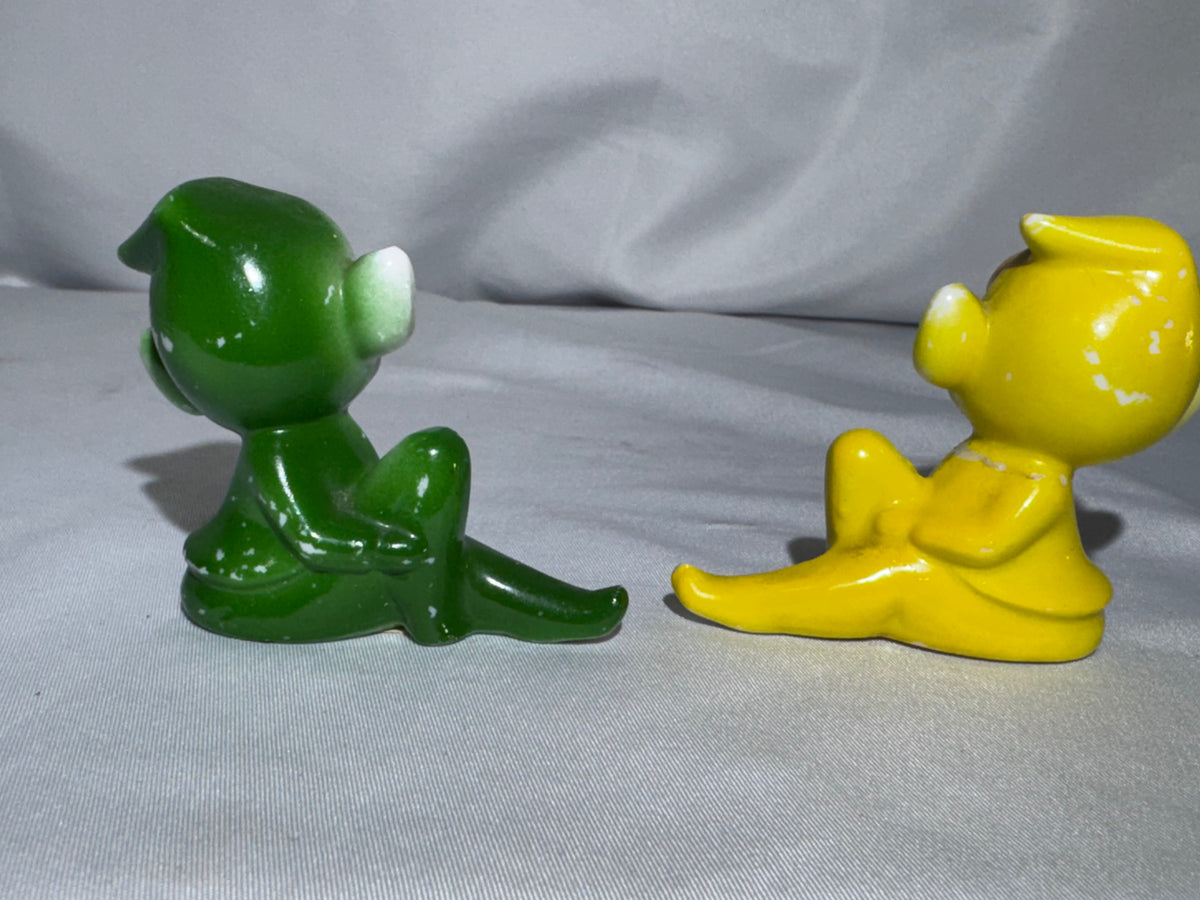 Vintage Japan Ceramic Pixie Elf Figurines Pair – 1950s – Green & Yellow Knee-Hugger Shelf Sitters
