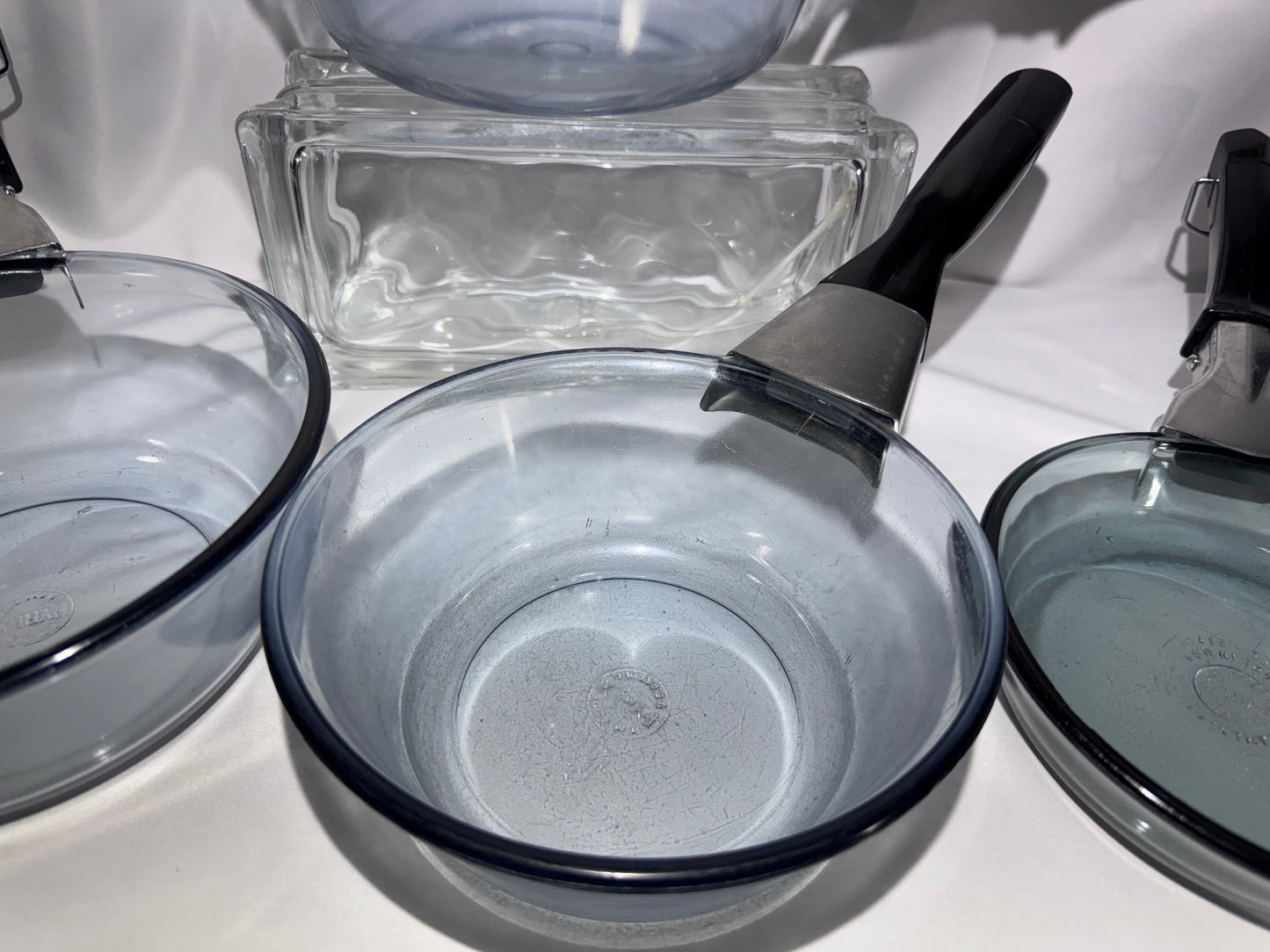 Vintage Pyrex Flameware Blue-Tinted Glass Saucepan Set – 817-B, 832-B, 833-B, 834