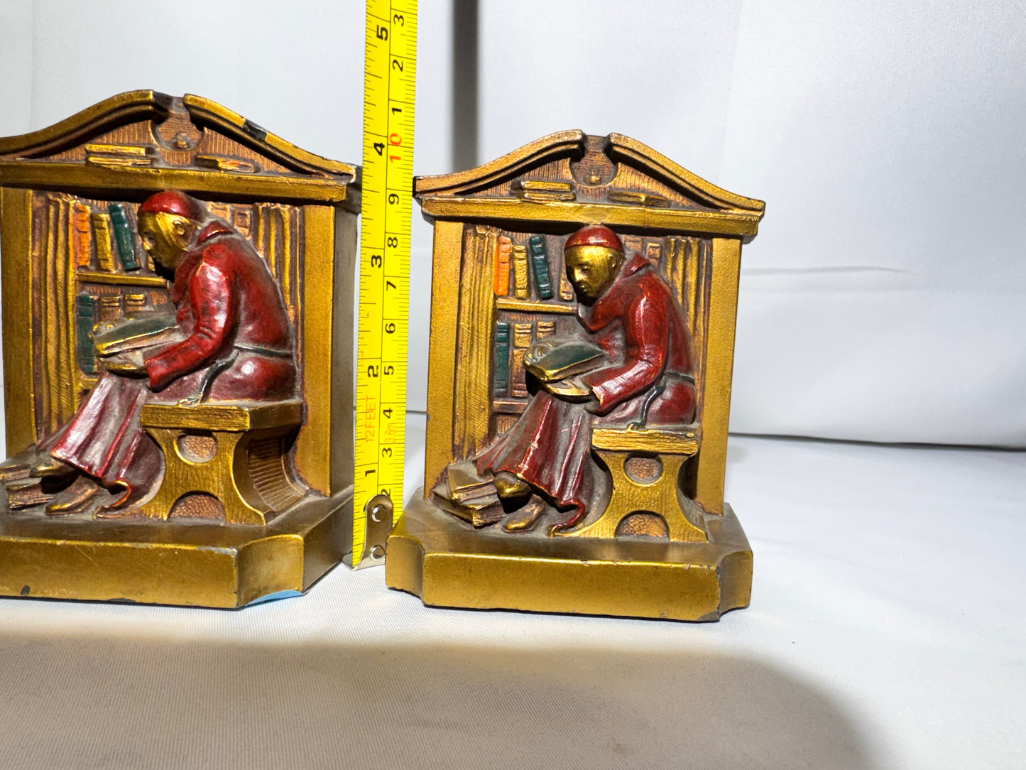 Vintage 1920s Monk Library Metal Bookends – L.V. Aronson / Ronson Style – Armor Bronze Era