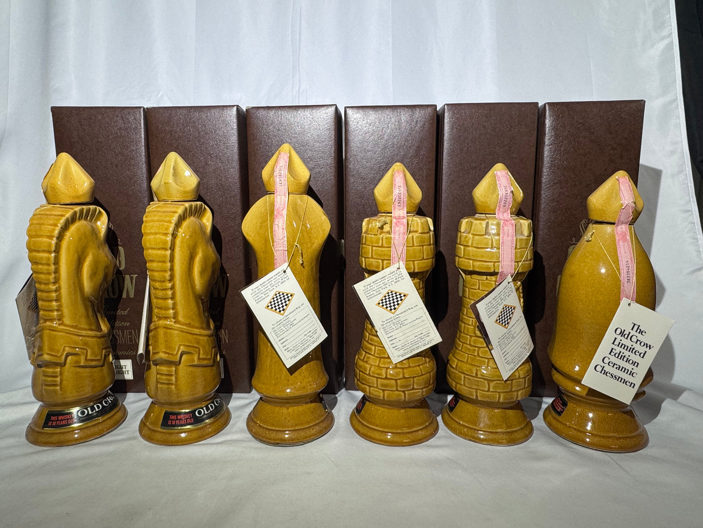 1969 Old Crow 10-Year Bourbon Chessmen Decanters Set 6 Gold Pieces Original Box
