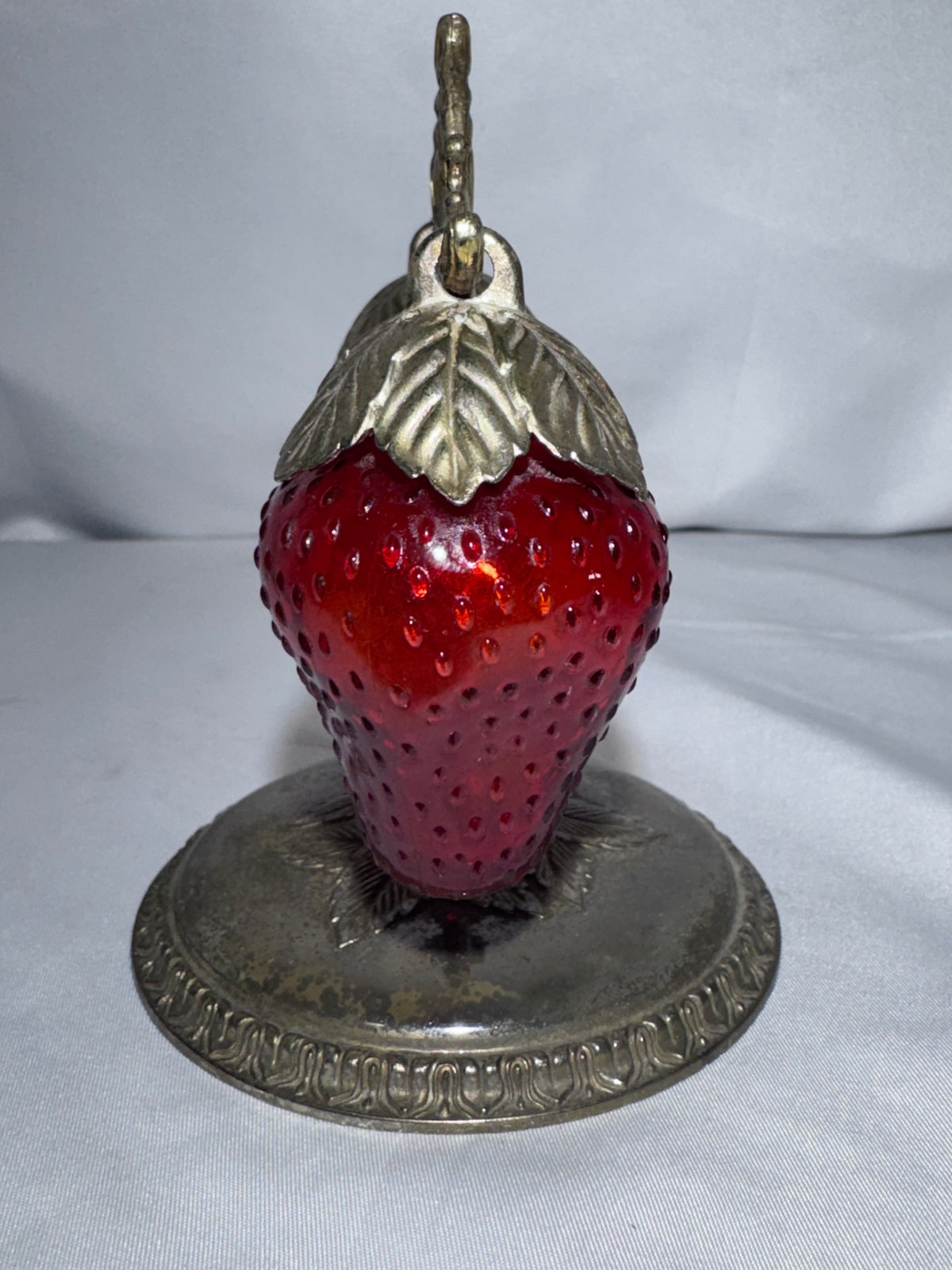 Vintage Japan Red Cadmium Glass Strawberry Salt Pepper Shakers w/ Hanging Stand