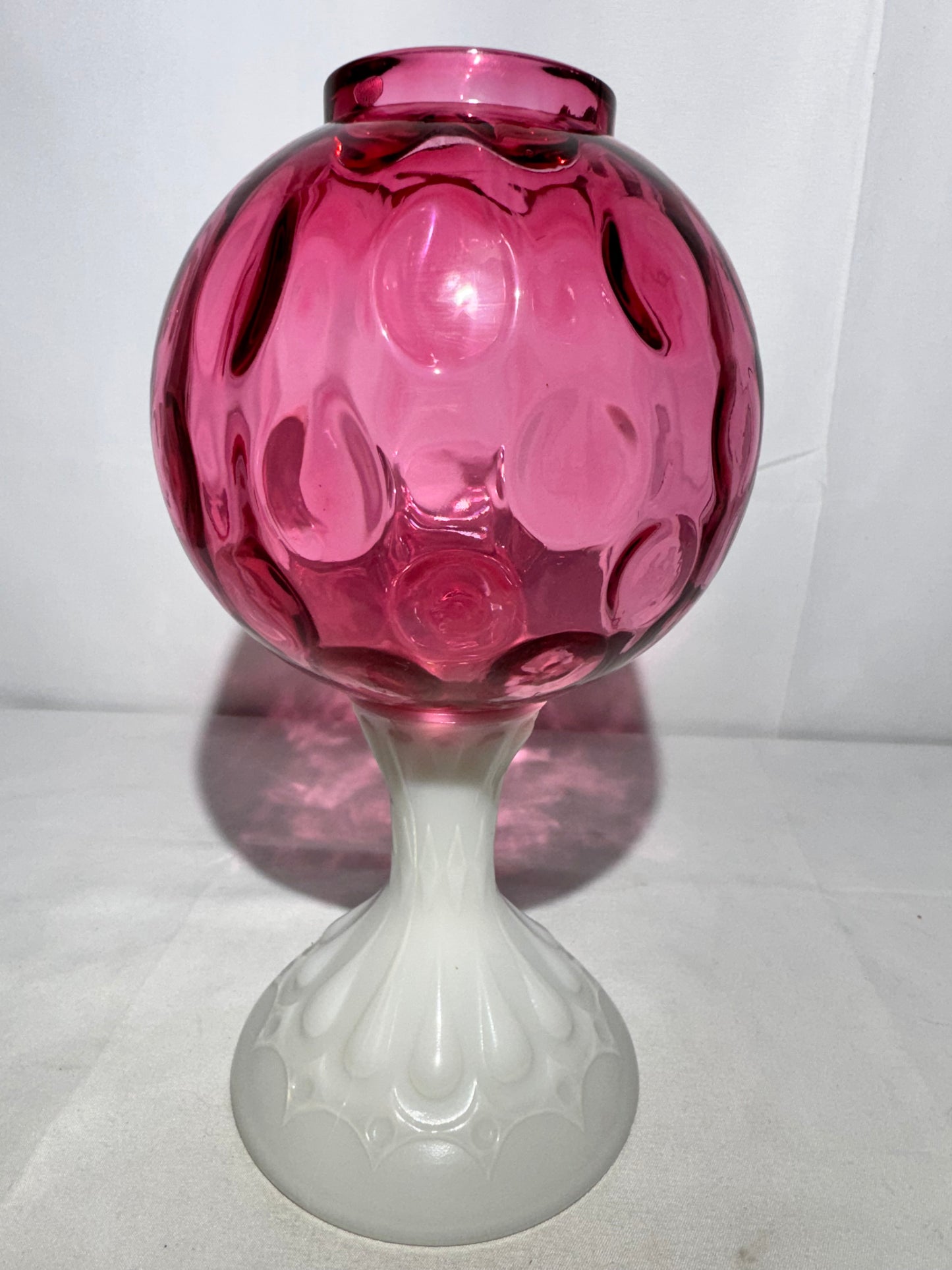 Fenton Coin Pedestal Ivory Ball Rose Bowl – Cranberry & Milk Glass