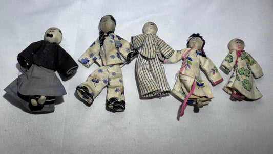 Vintage Shaohsing Industrial Mission Chinese Family of Five Miniature Cloth Dolls – 1930s–1940s – AS IS
