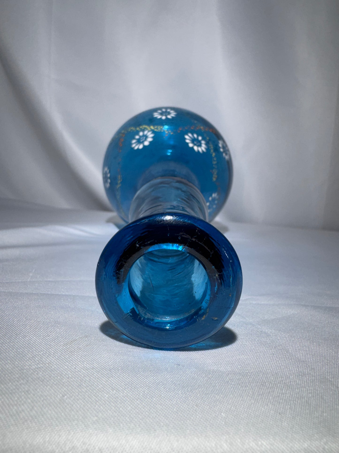 Antique Victorian Blue Glass Barber Bottle – Hand-Painted Daisy & Enamel Floral Design