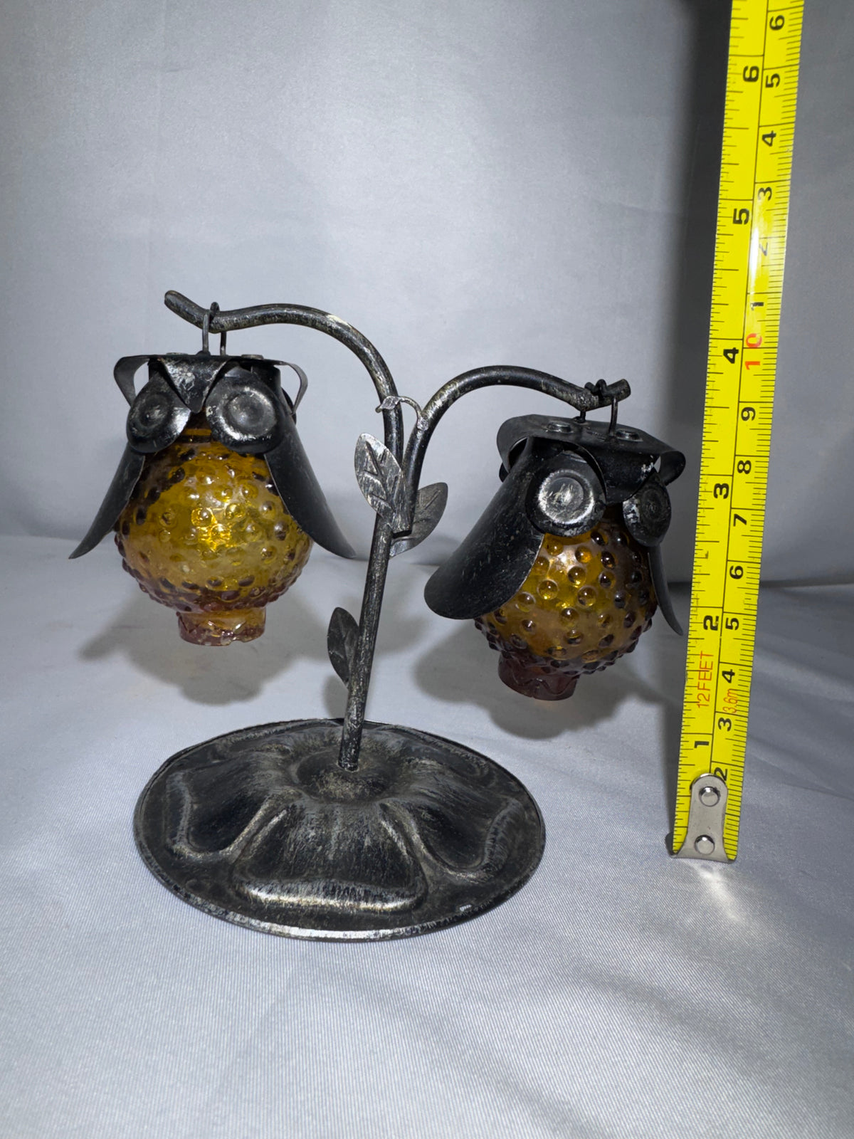 Vintage 1970s Amber Hobnail Glass Owl Salt & Pepper Shakers w/ Metal Tree Stand