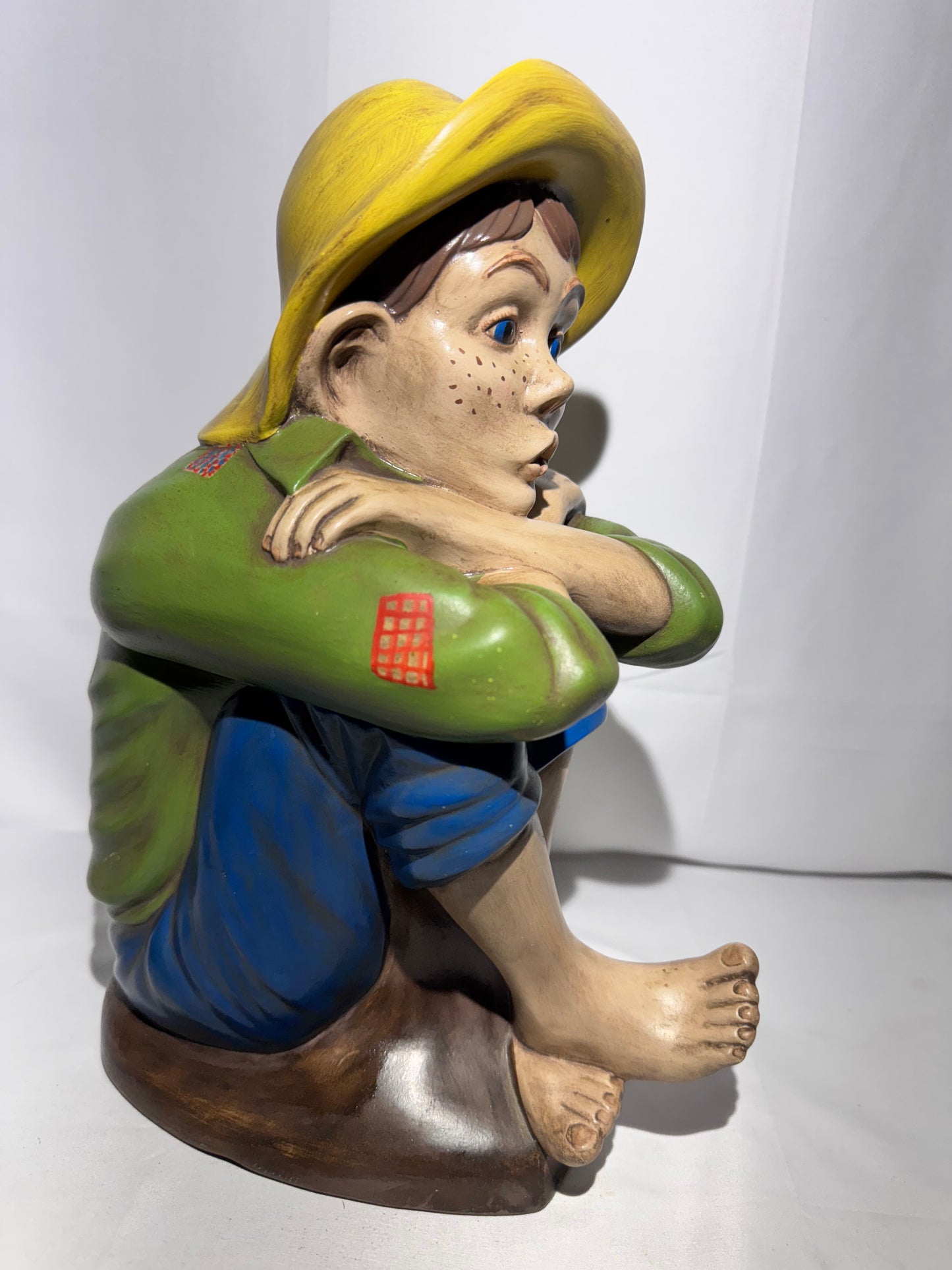 Vintage Arnel’s Chalkware Sitting Boy Whistling Cookie Jar – 1950s -Huckleberry Finn