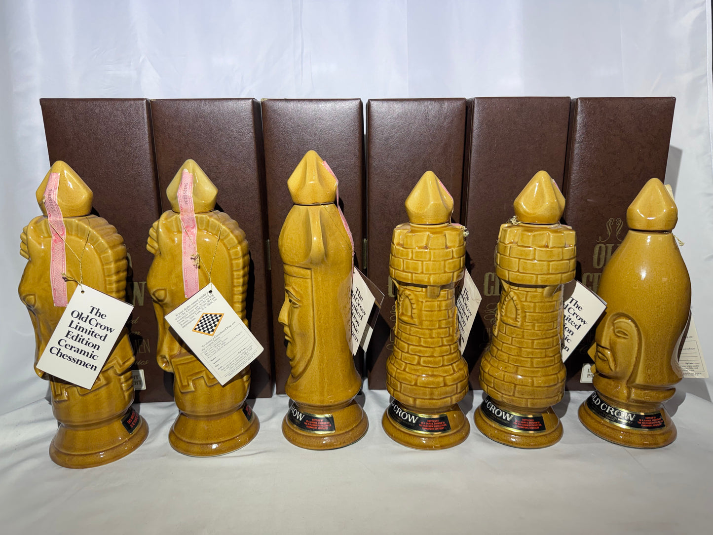 1969 Old Crow 10-Year Bourbon Chessmen Decanters Set 6 Gold Pieces Original Box
