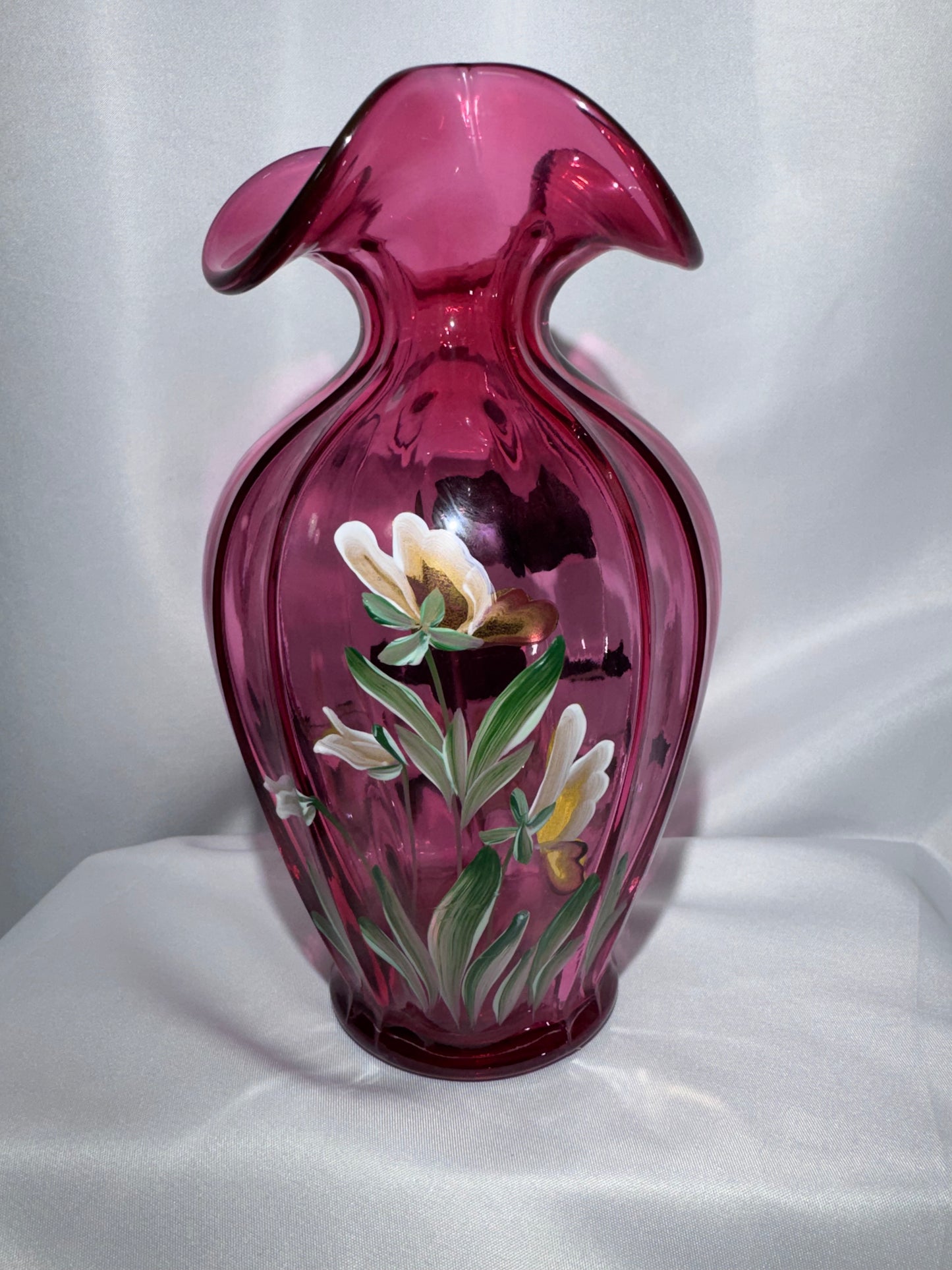 Fenton Cranberry Pansies Hand-Painted Vase – Signed 1995 – #93