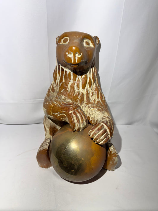 Vintage Hand-Carved Sarreid Ltd. Bear Sculpture Holding Brass Ball – Made in Spain – 1970s