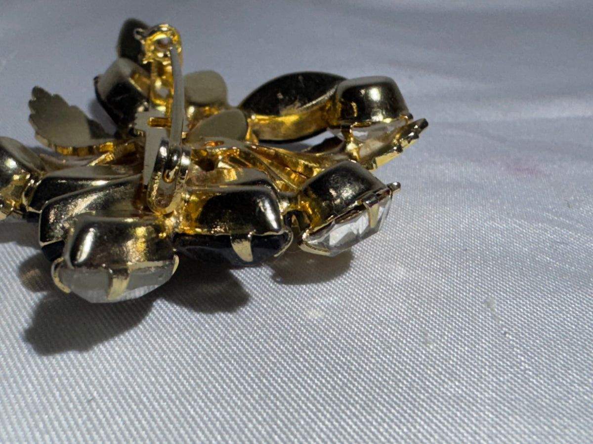 Vintage Weiss Style Black Rhinestone Floral Brooch Faux Pearl Gold Tone Unsigned
