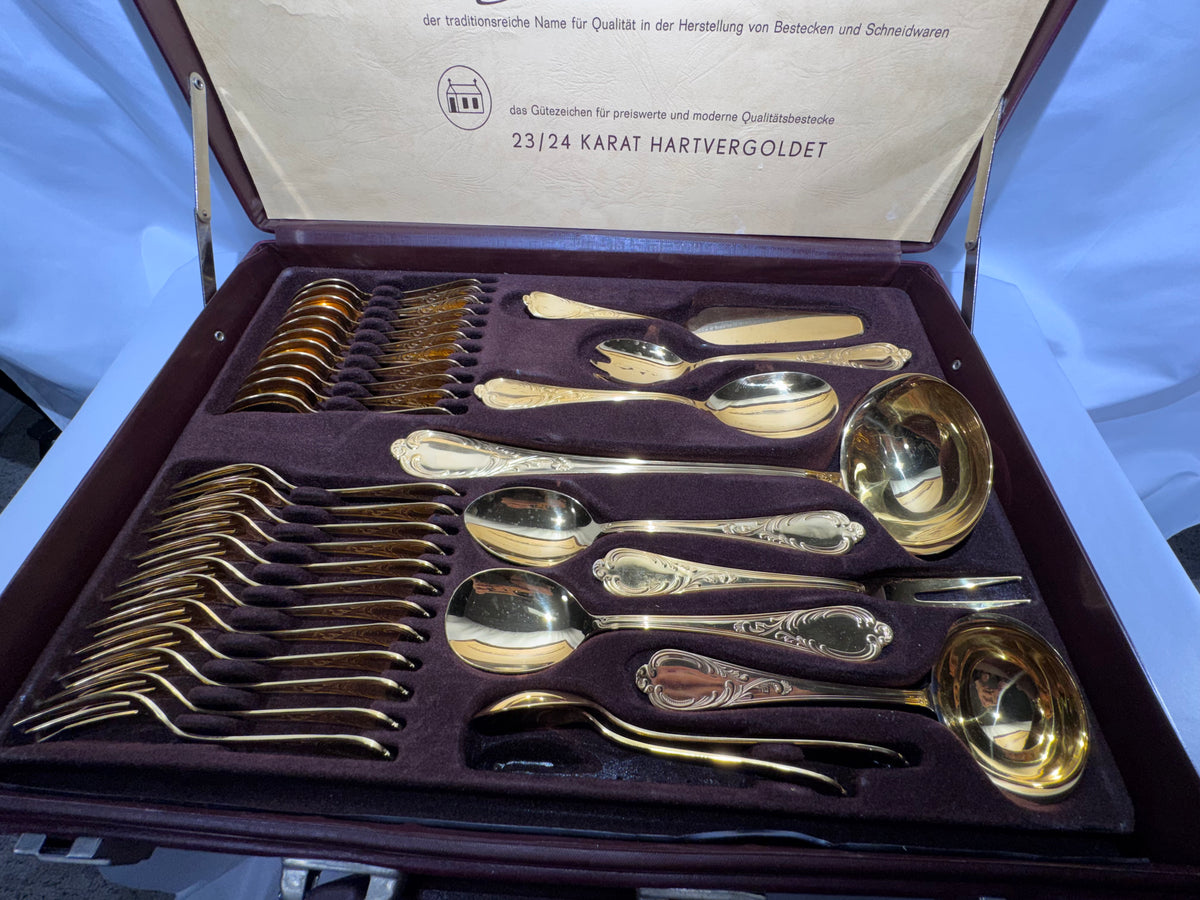 Vintage SBS Solingen Germany 23/24 Karat Gold-Plated Cutlery Set – 70 Pieces – Presentation Case 1970’s-80’s