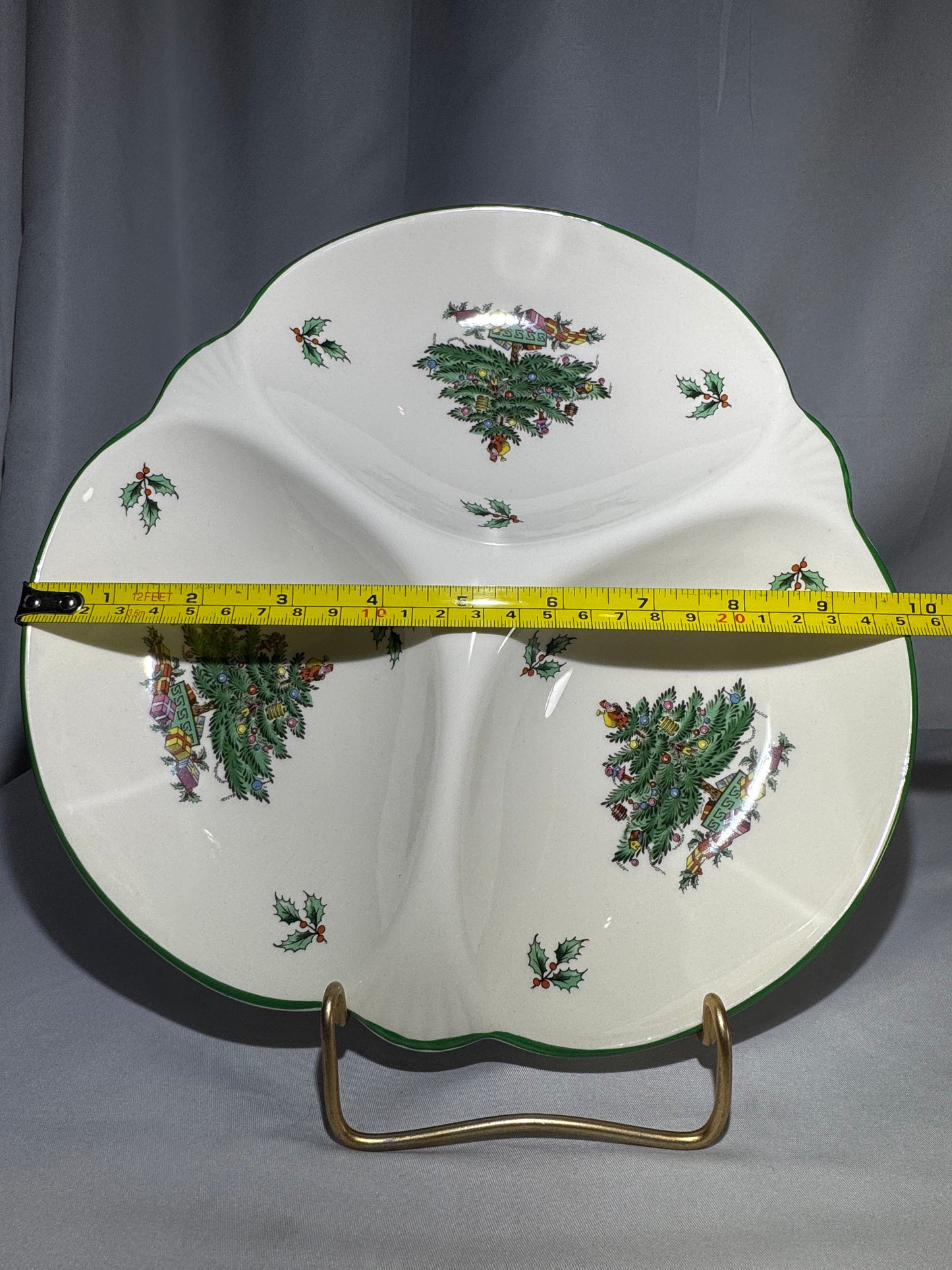 Spode Christmas Tree 3 Section Divided Hors D’Oeuvres Tray Green Rim Serving Di