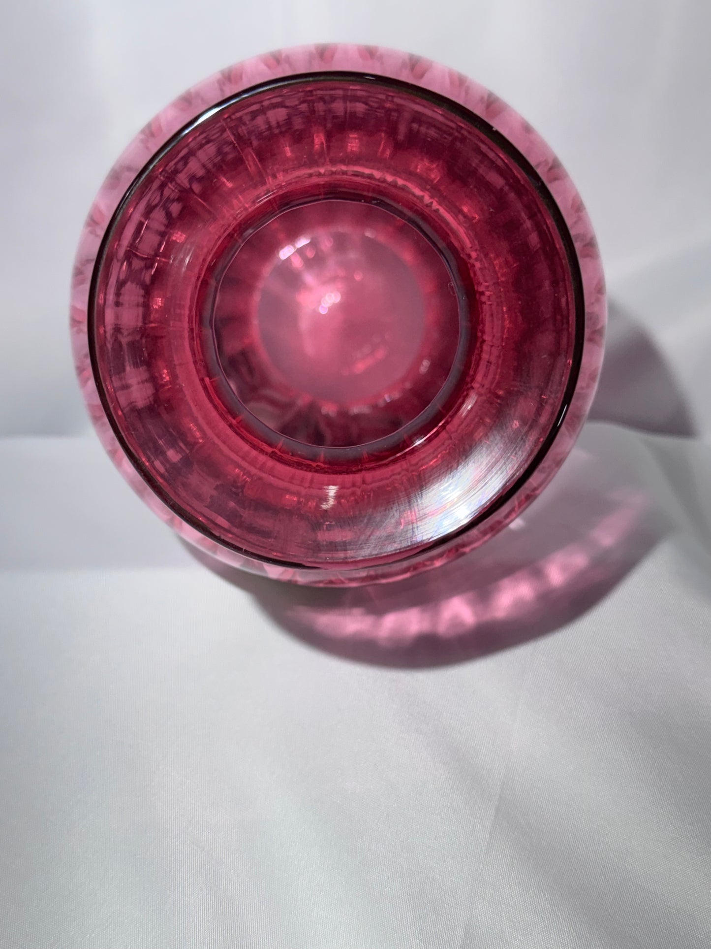 Fenton Pansies on Cranberry Optic Rib Vase 1994 – Hand-Painted – 9”