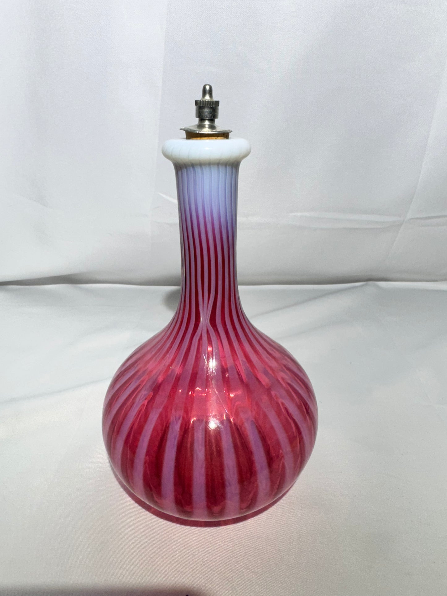 Antique Cranberry Opalescent Striped Barber Bottle w/ Stopper