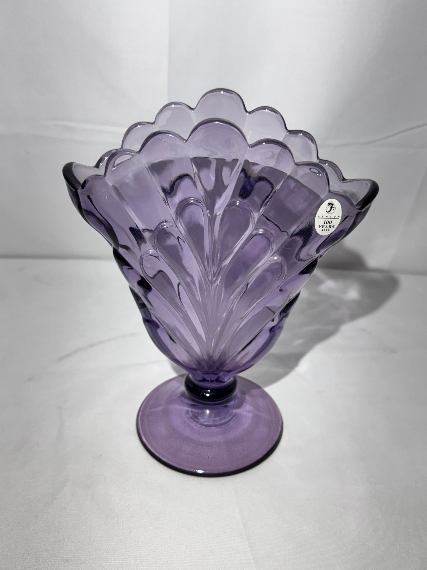Fenton Purple Amethyst Fan Vase – 100 Years Anniversary 2005 – Original Sticker – 8” Tall