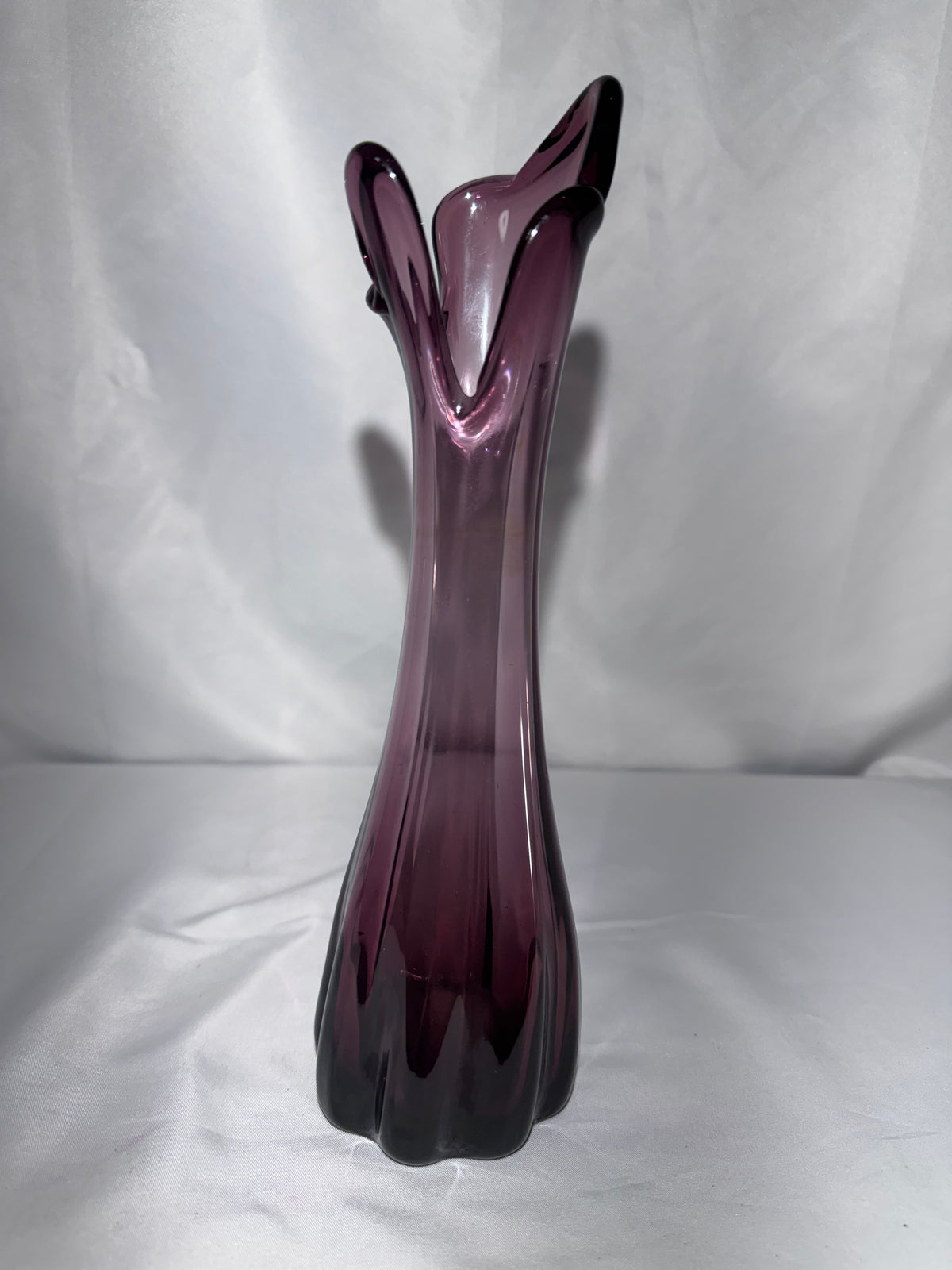 Vintage Amethyst Purple Glass Five-Finger Swung Vase – Mid-Century Modern – 10.5” Tall
