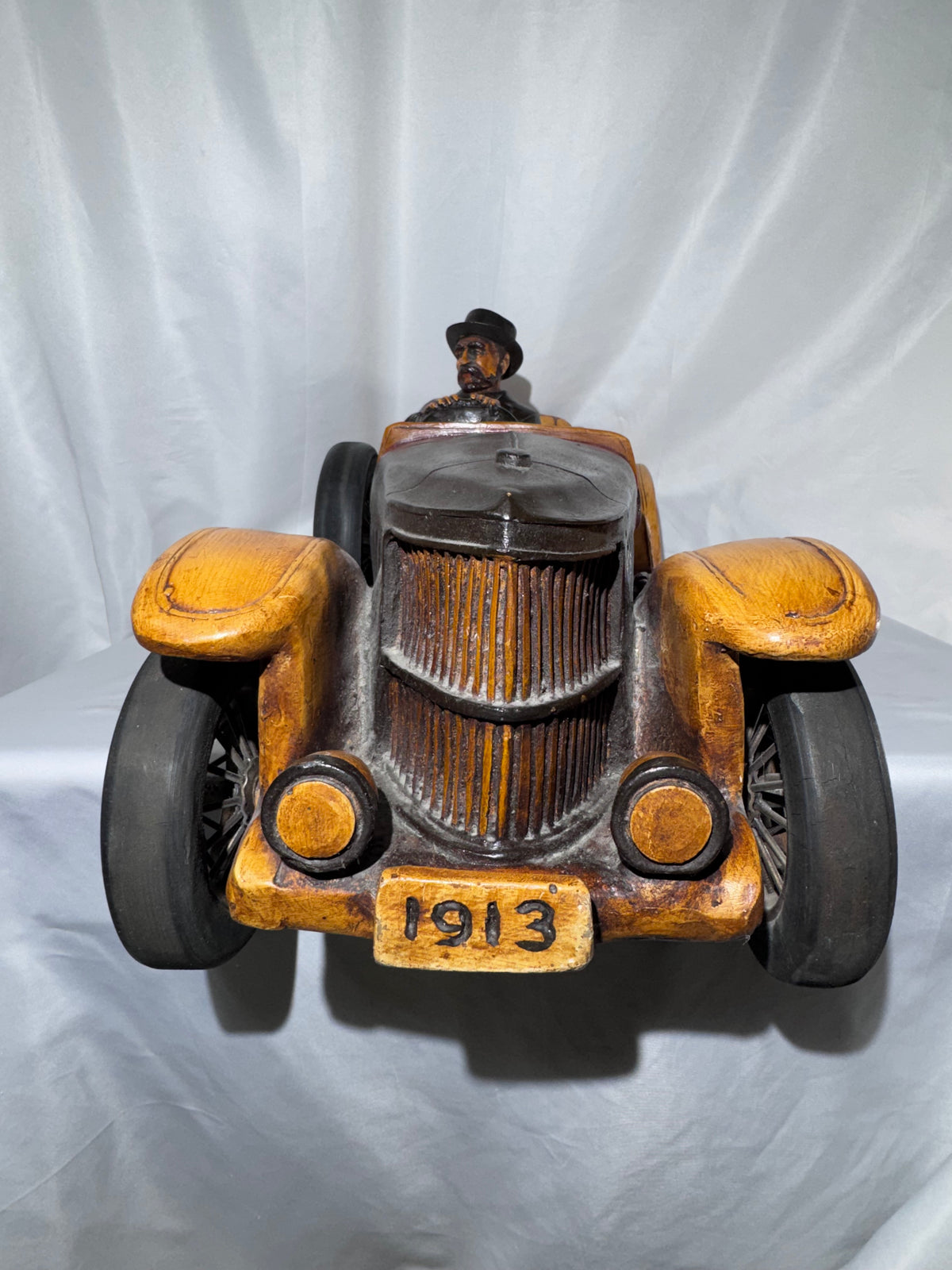 Antique Style 1913 Touring Car Wooden Sculpture Hand Painted Driver Top Hat 26.5” Read