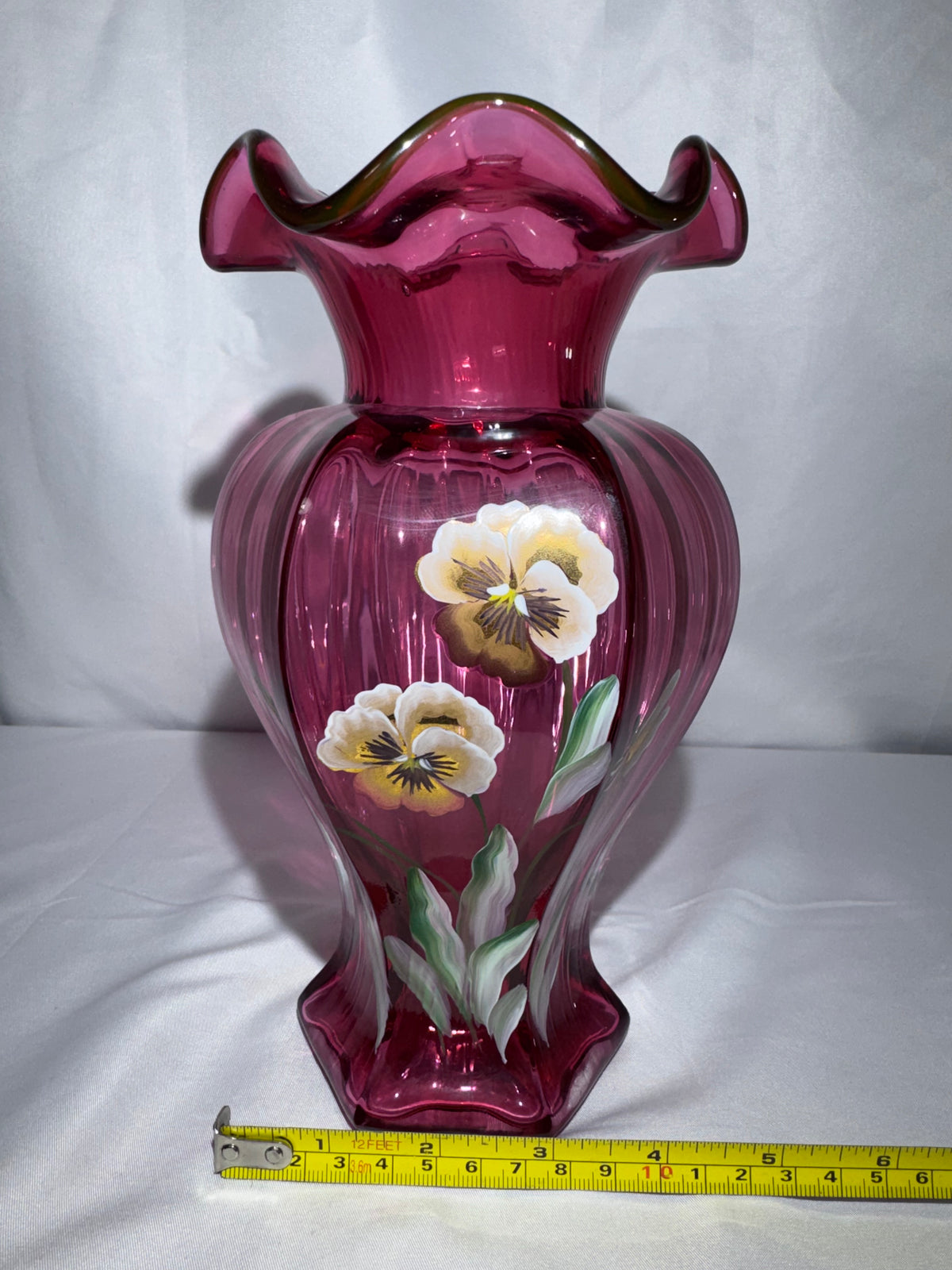 Fenton Art Glass Cranberry Vase Hand-Painted Pansies Signed 1995 George Fenton