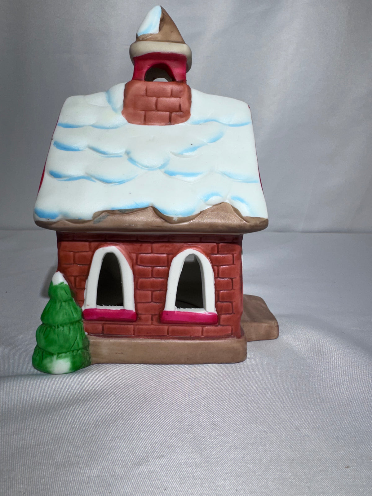 Ceramic Christmas village, church, tea, light candle holder, red brick, snowy roof
