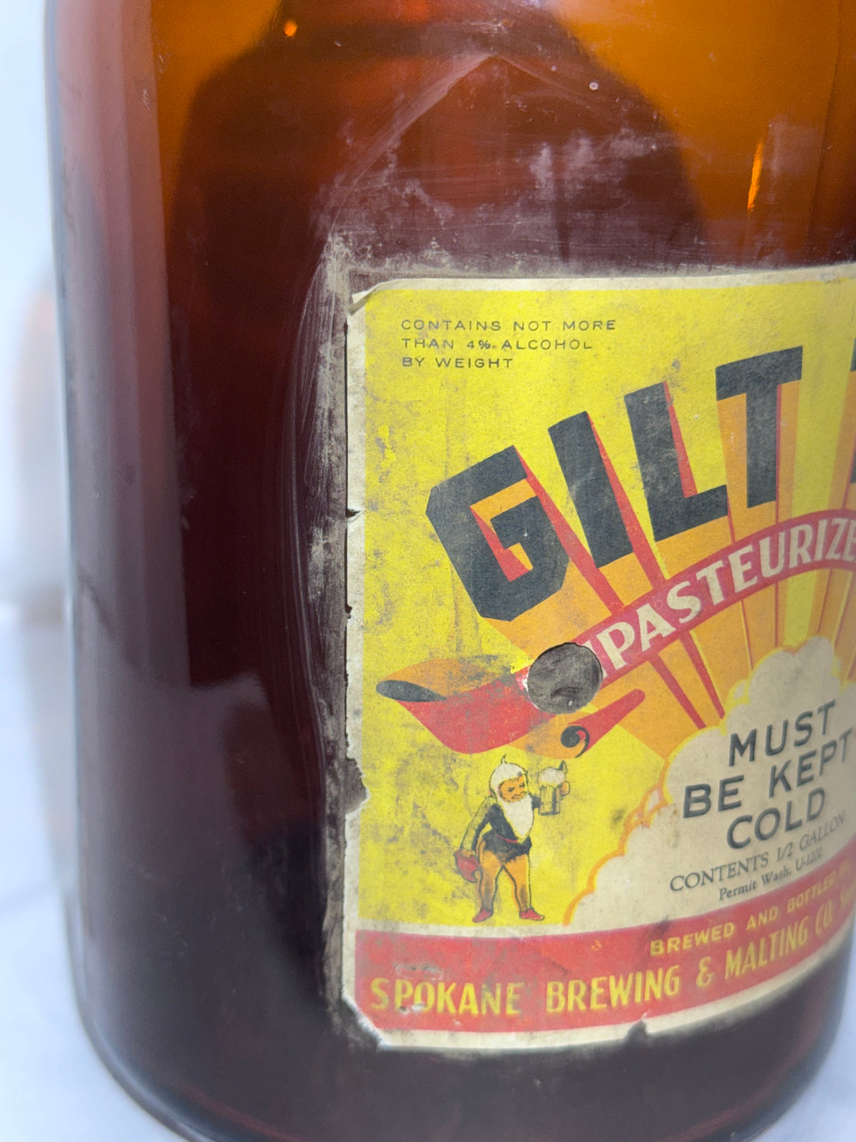 Vintage 1930s Gilt Top Pasteurized Beer 1/2 Gallon Amber Jug – Spokane Brewing & Malting Co. – Spokane WA