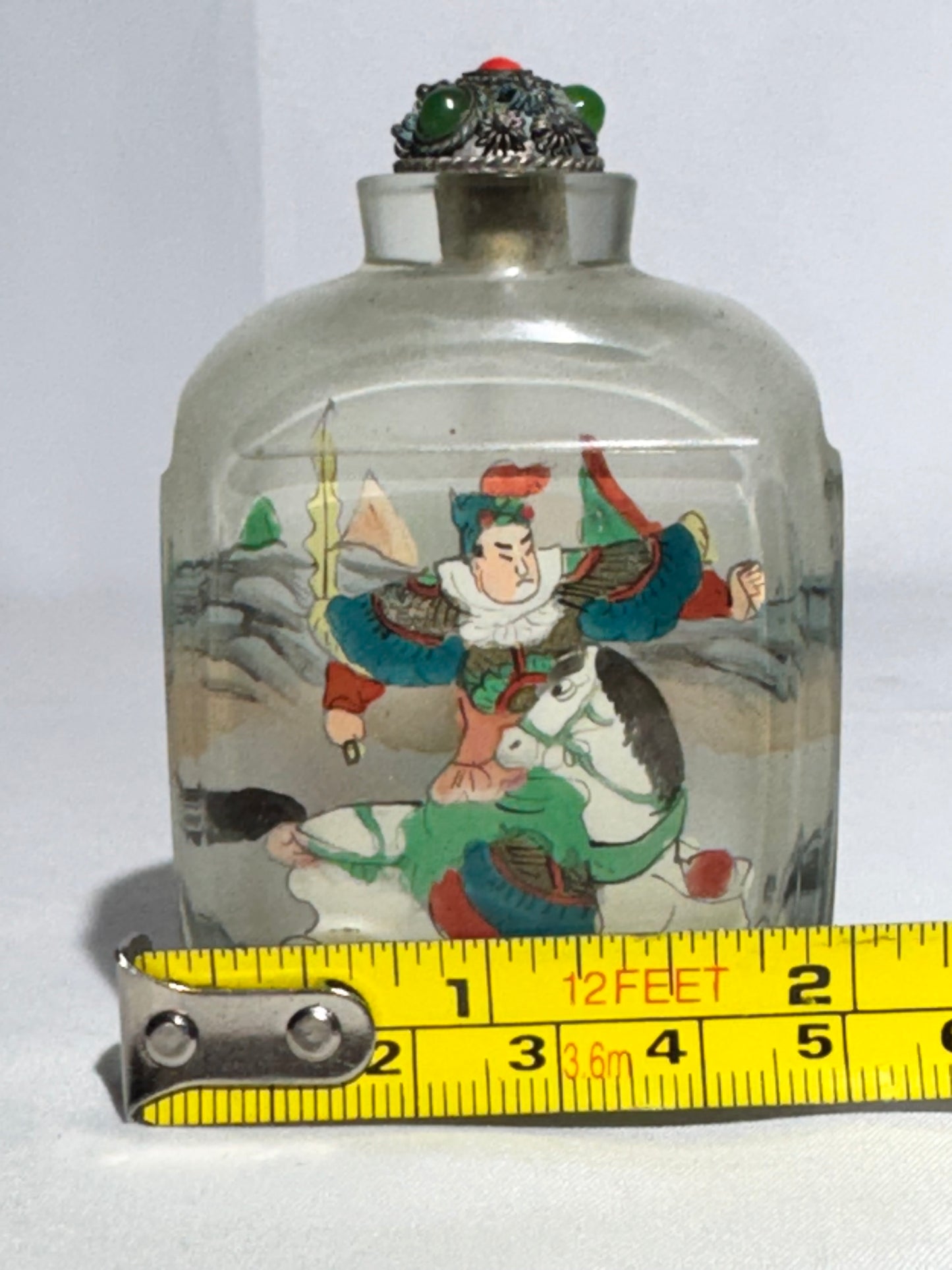 Antique Chinese Inside Painted Glass Snuff Bottle – Man with White Horse & Man Training Brown Horse – Original Metal Topper with Possible Jade & Coral