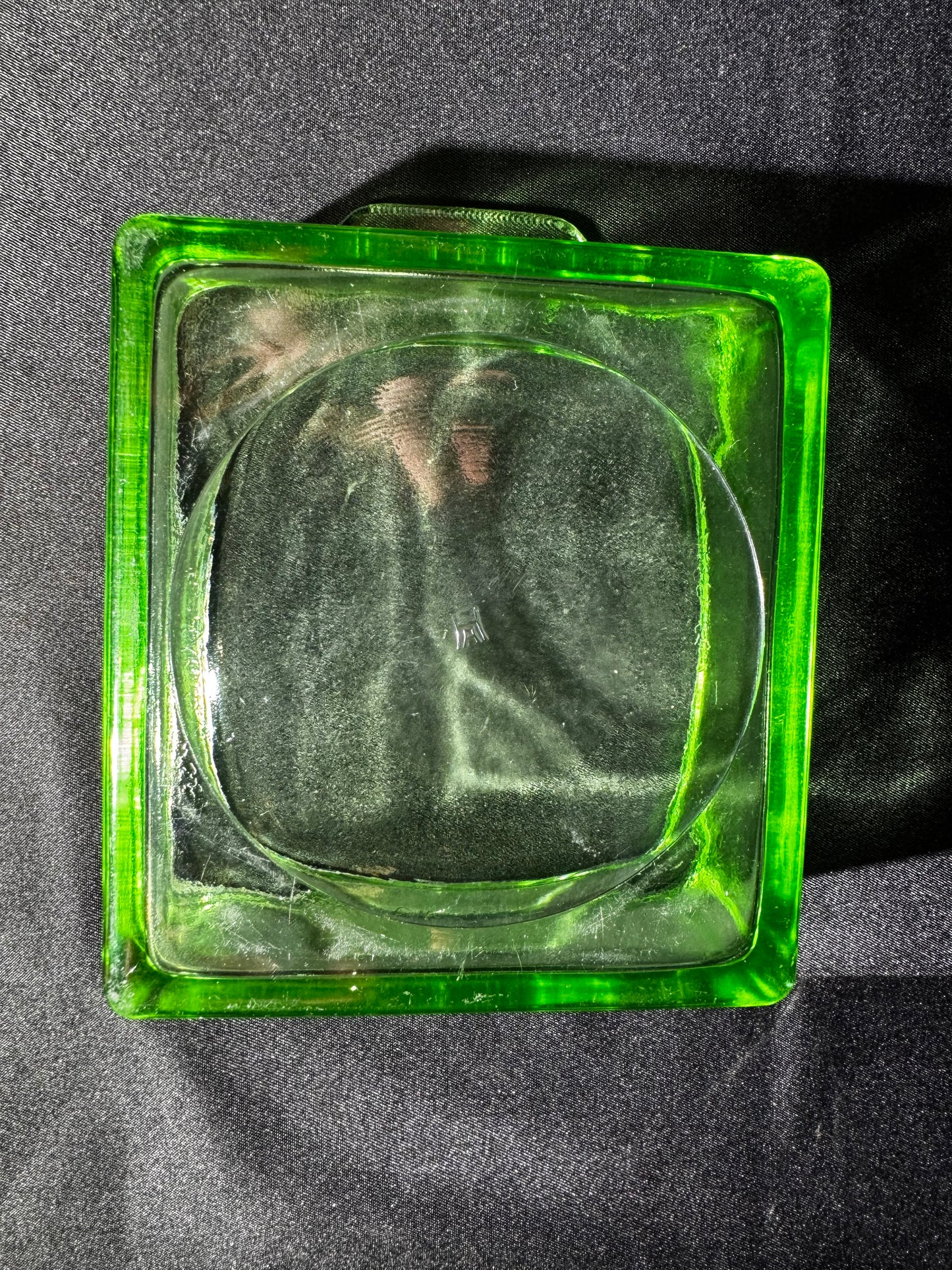 Vintage Hazel Atlas Uranium Glass Refrigerator Dish w/ Lid Green Depression Glass 6”