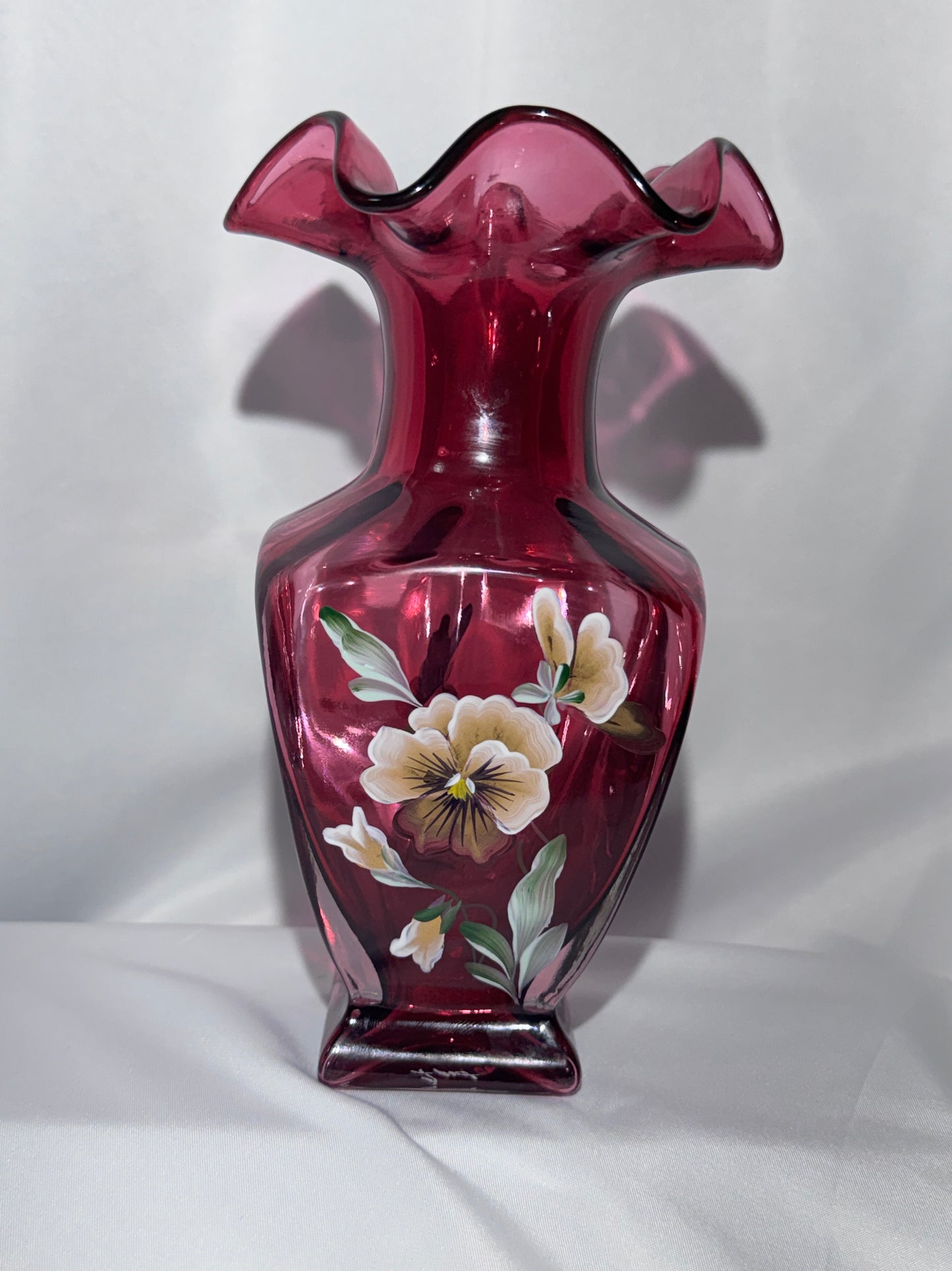 Fenton 1999 Hand Painted Cranberry Cased Glass Square Vase Pansies Signed 7.5”