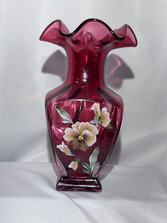 Fenton 1999 Hand Painted Cranberry Cased Glass Square Vase Pansies Signed 7.5”