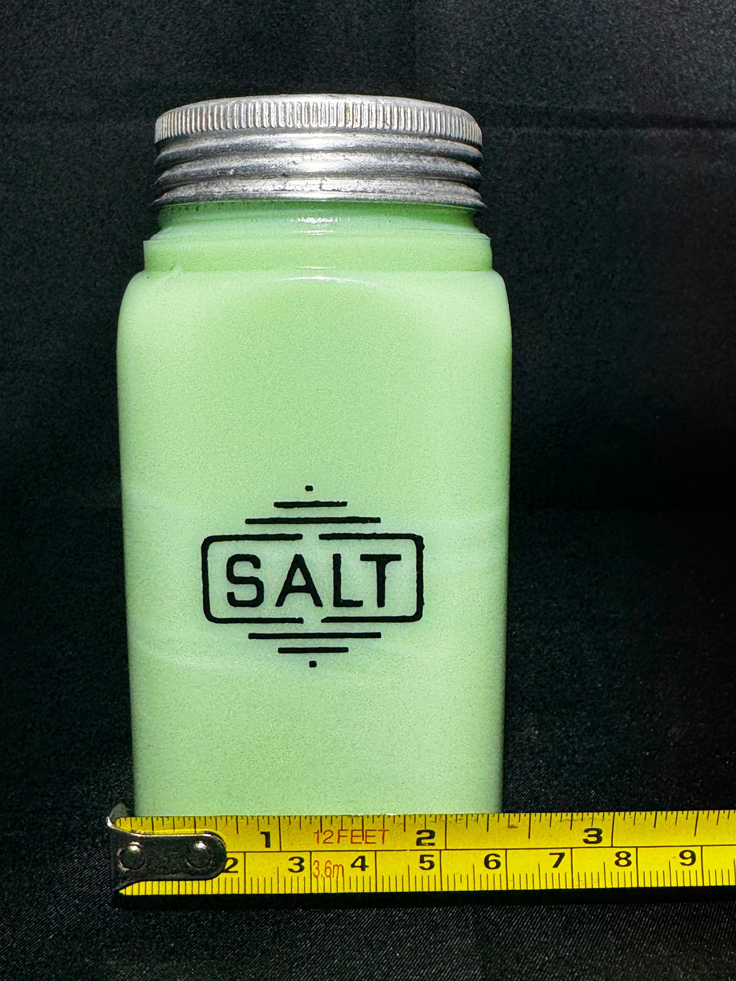 Vintage Jadeite Uranium Glass Range Salt Shaker Large Box Pattern UV Glow 5”