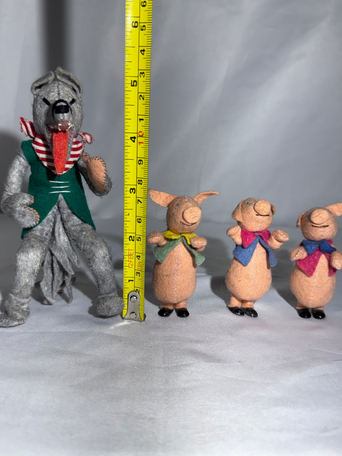 Vintage BAPS Germany Big Bad Wolf & Three Little Pigs Felt Miniature Doll Set – 1940s–1950s