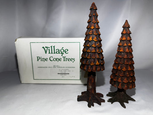 Department 56 Village Pine Cone Trees Set of 2 #5221-3 Retired Hand Painted Porcelain 7” & 8”