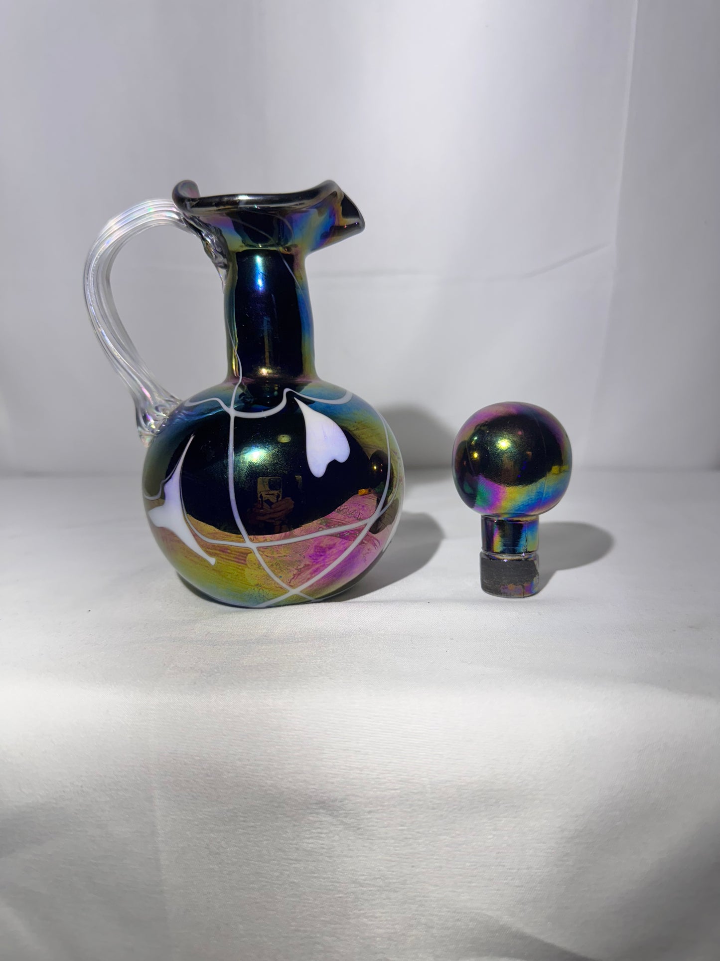 Fenton “Hanging Hearts” Iridescent Glass Cruet with Clear Handle & Iridescent Stopper