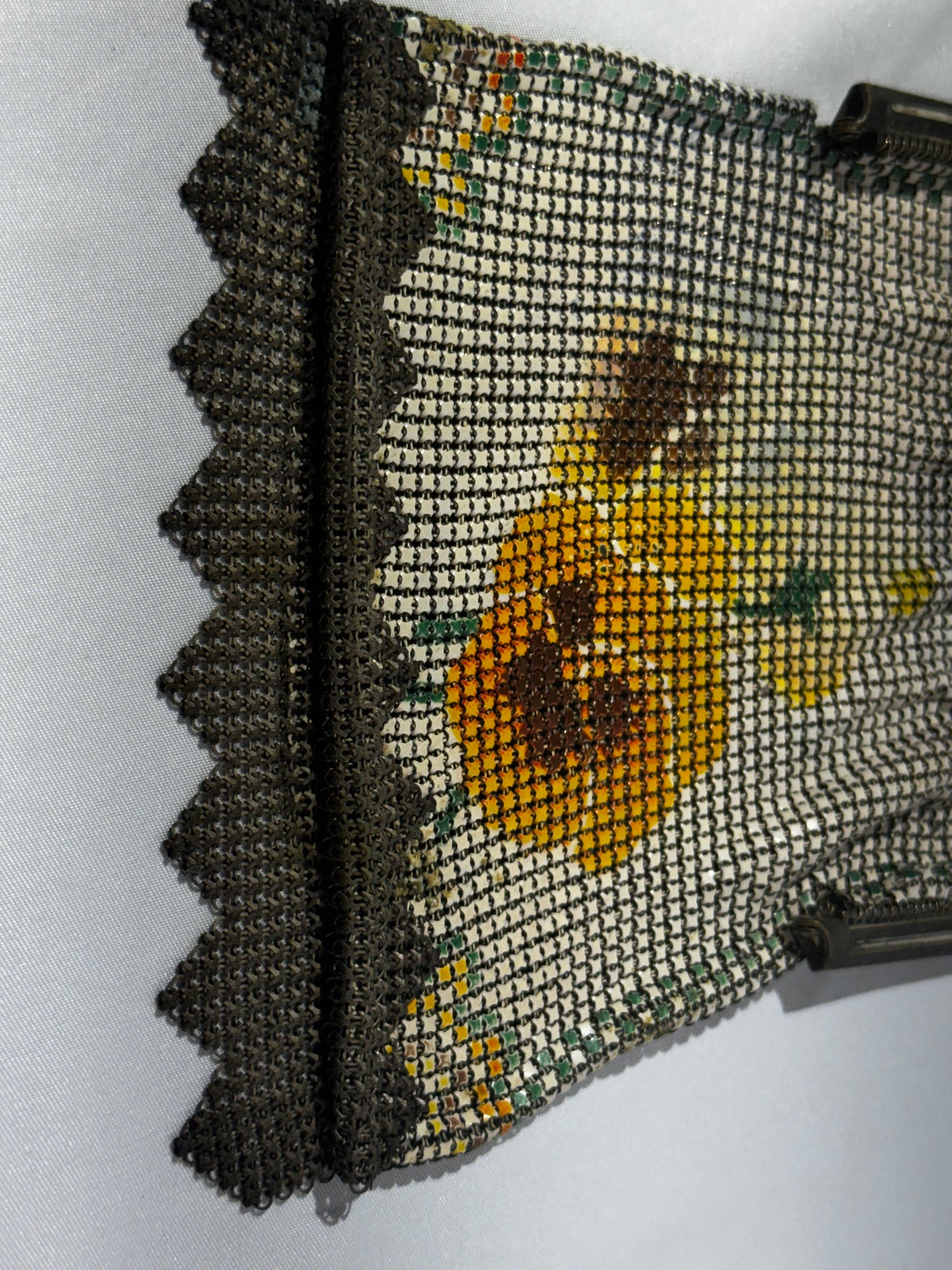 Vintage Whiting & Davis Art Deco Enameled Mesh Purse Sunflower Design 1920s Chain Handle