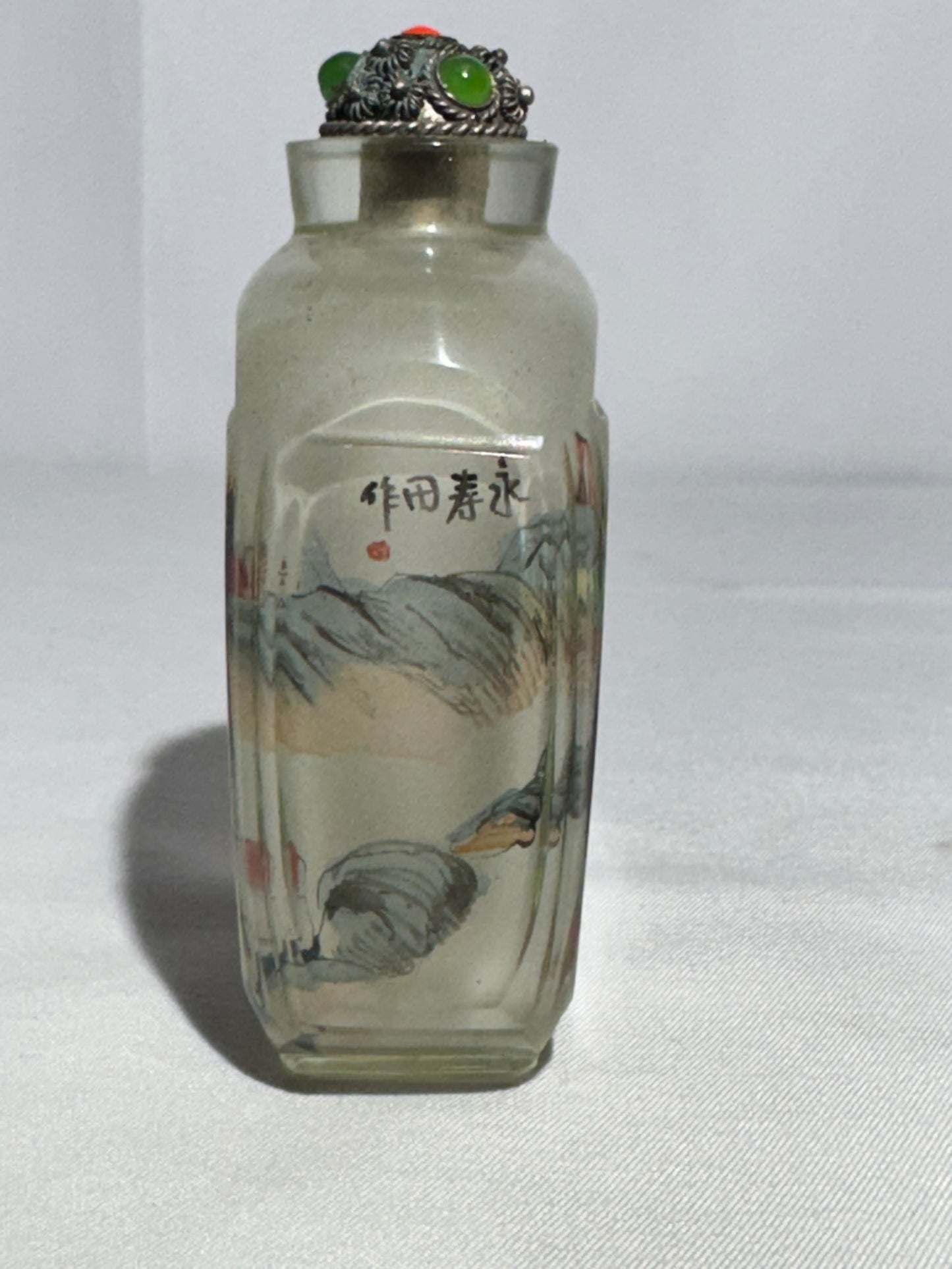 Antique Chinese Inside Painted Glass Snuff Bottle – Man with White Horse & Man Training Brown Horse – Original Metal Topper with Possible Jade & Coral