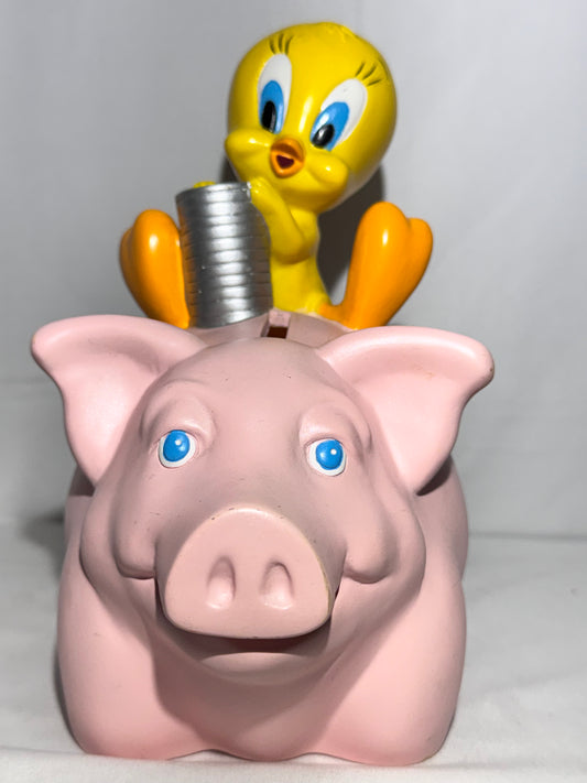 vintage 2000 Warner Brothers Looney Tunes Tweety Bird on pink pig piggy bank