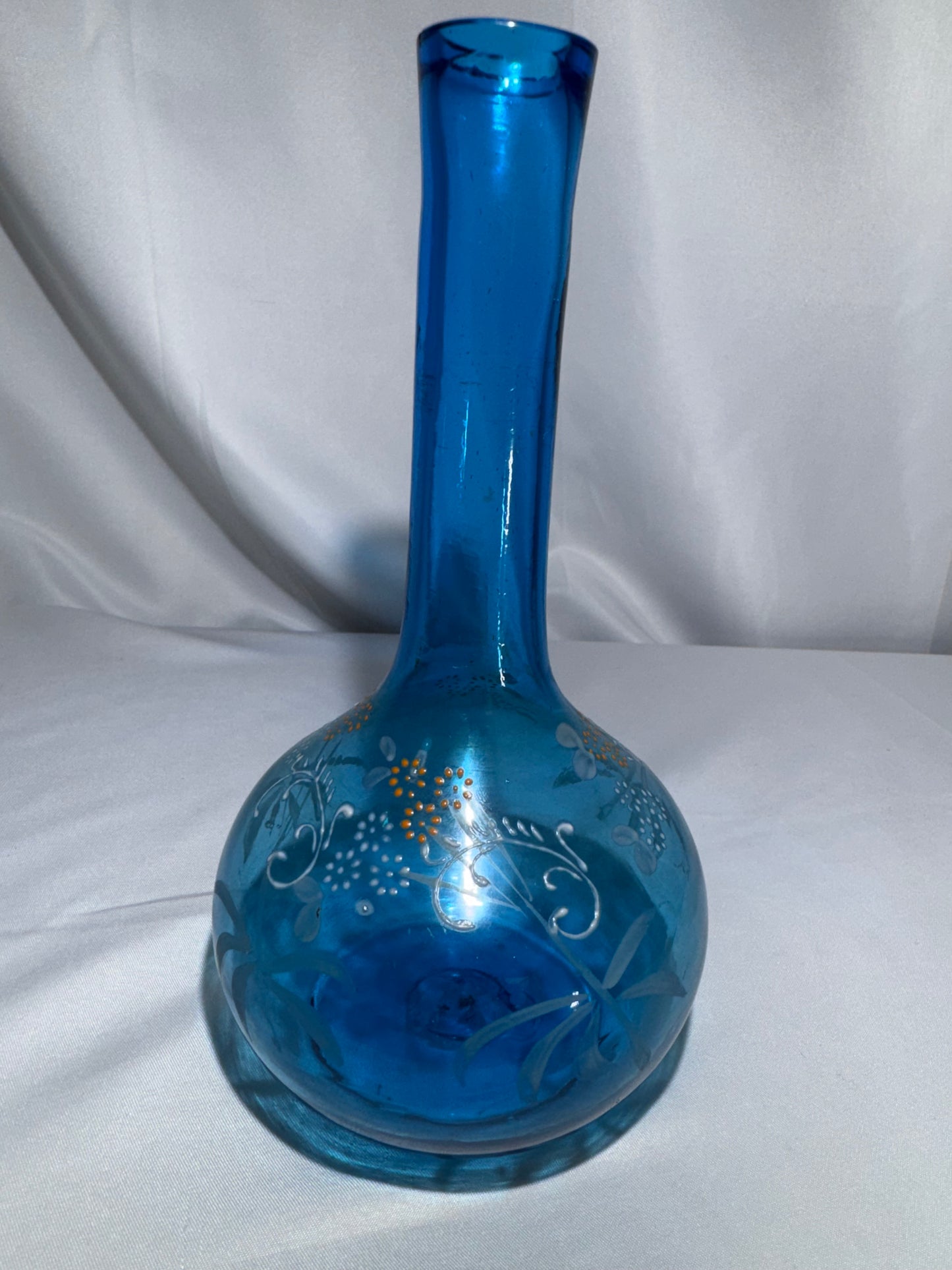 Antique Victorian Hand-Blown Blue Glass Barber Bottle – Hand-Painted Floral Enamel